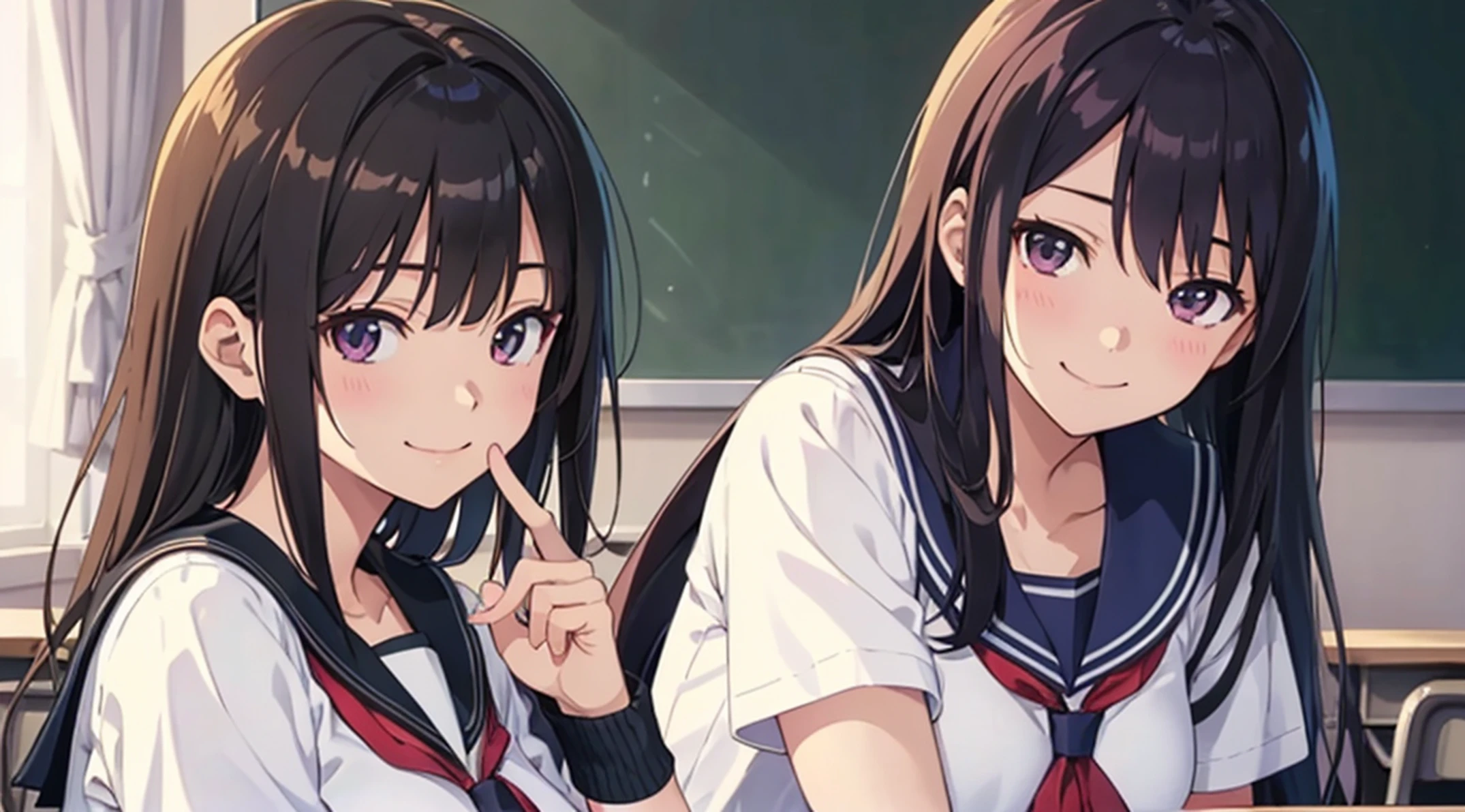 anime girl in a school uniform standing in a classroom, Realistic Schoolgirl, beautiful anime high school girl, a hyperrealistic schoolgirl, a hyperrealistic schoolgirl, anime moe art style, oppai, School Girl, Smooth Anime CG Art, visual novel cg, Ecchi anime style, Seductive Anime Girl, nagatoro, Ecchi, Teasing smile, visual novel key visual, masterpiece、top-quality、detaile、hight resolution、extremely delicate and beautiful、simple background、upper body closeup、beutiful breast、hi-school girl、a sailor suit、校服、student clothes、Smile、multiple female、5 women、4 females、7 Women、