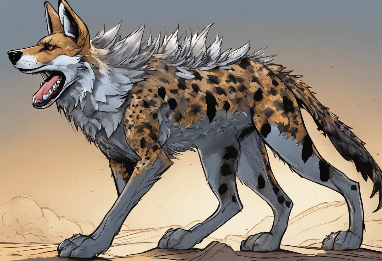 African Wild Dog, grey and silver steel scaled armor, steel dragon wings, long scaled dragon tail, Masterpiece, Best Quality