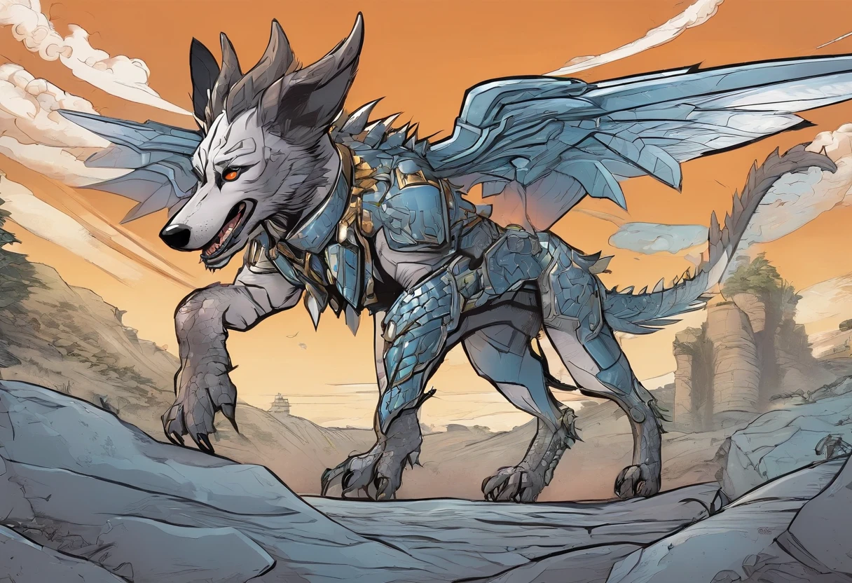 African Wild Dog, grey and silver steel scaled armor, steel dragon wings, long scaled dragon tail, Masterpiece, Best Quality