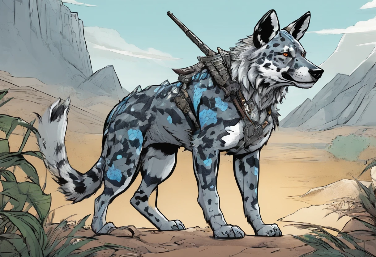 African Wild Dog, grey and silver steel scaled armor, steel dragon wings, long scaled dragon tail, Masterpiece, Best Quality