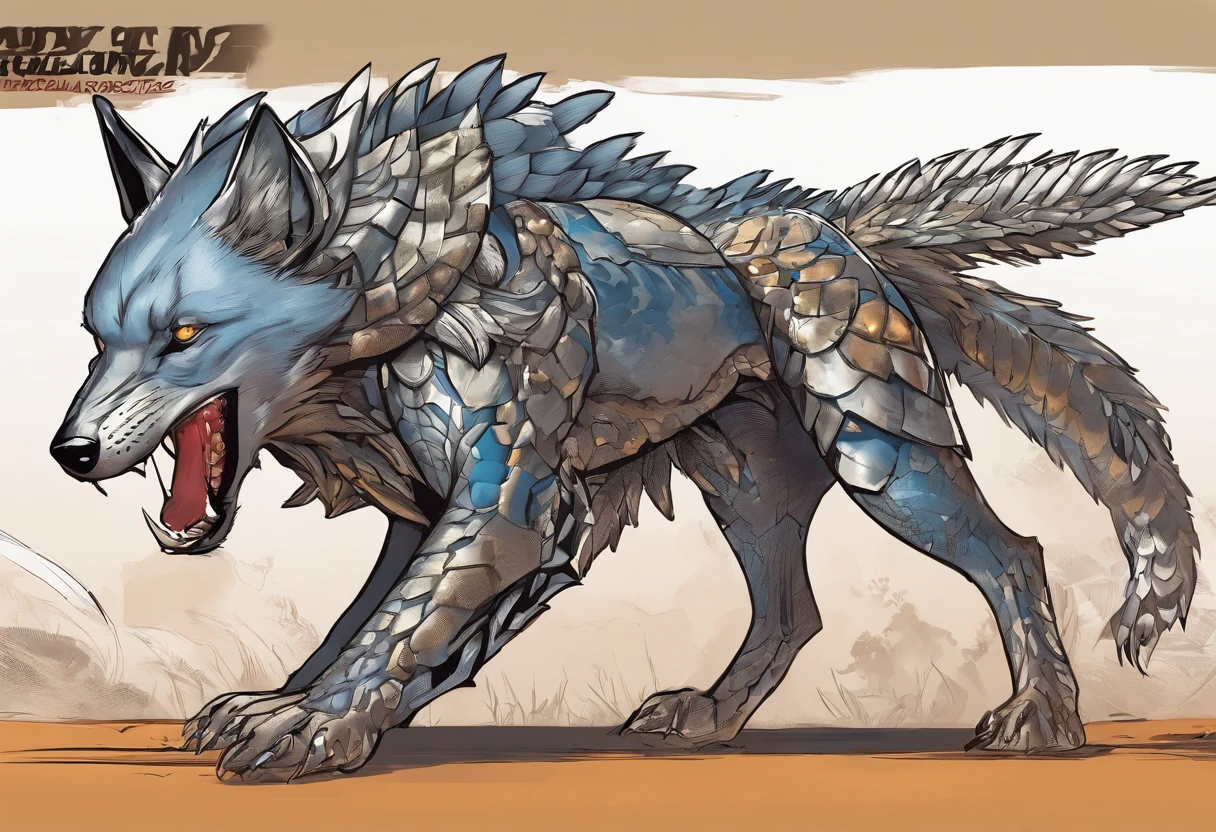African Wild Dog, grey and silver steel scaled armor, steel dragon wings, long scaled dragon tail, Masterpiece, Best Quality