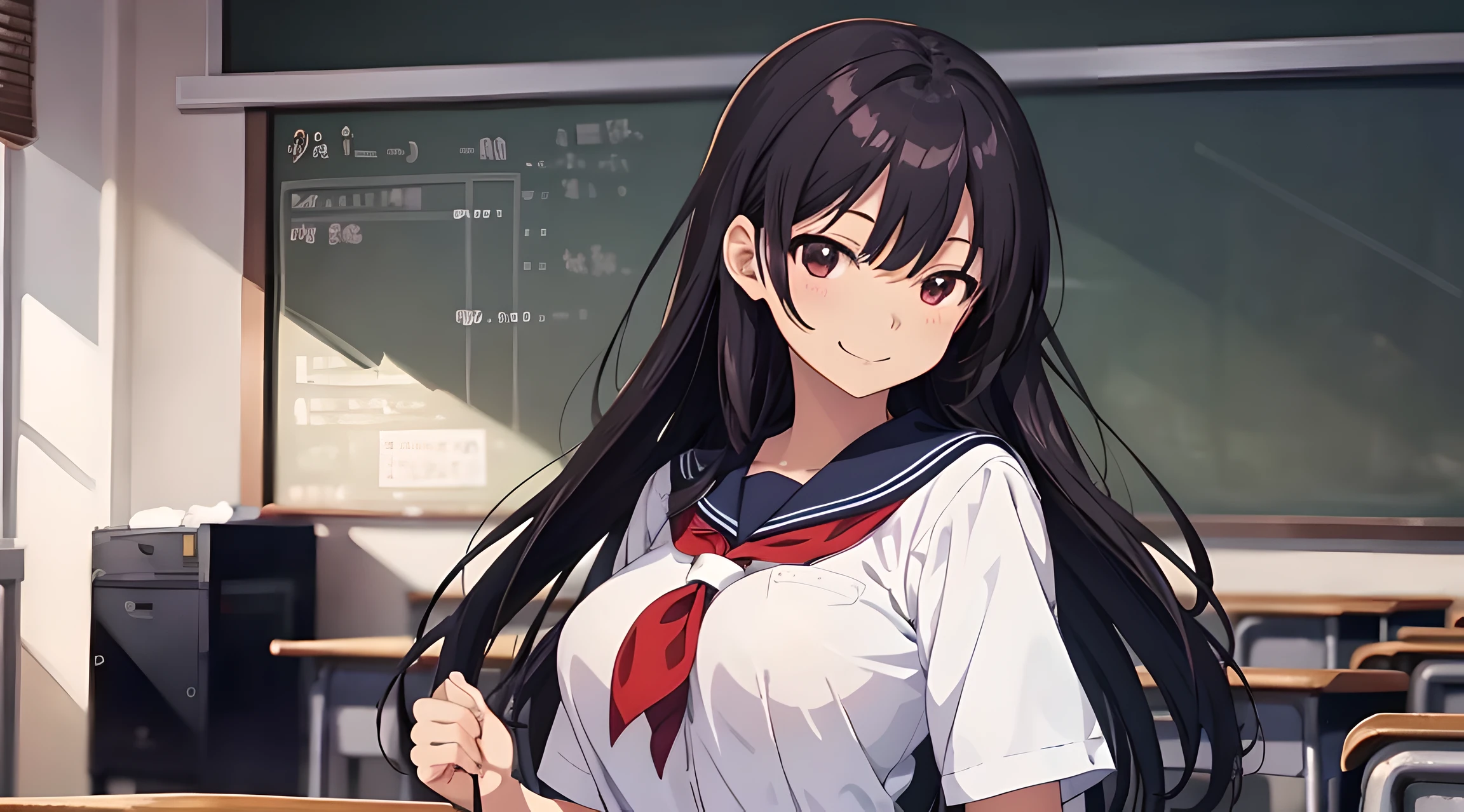 anime girl in a school uniform standing in a classroom, Realistic Schoolgirl, beautiful anime high school girl, a hyperrealistic schoolgirl, a hyperrealistic schoolgirl, anime moe art style, oppai, School Girl, Smooth Anime CG Art, visual novel cg, Ecchi anime style, Seductive Anime Girl, nagatoro, Ecchi, Teasing smile, visual novel key visual, masterpiece、top-quality、detaile、hight resolution、extremely delicate and beautiful、simple background、upper body closeup、beutiful breast、hi-school girl、a sailor suit、校服、student clothes、Smile、multiple female、5 women、4 females、7 Women、