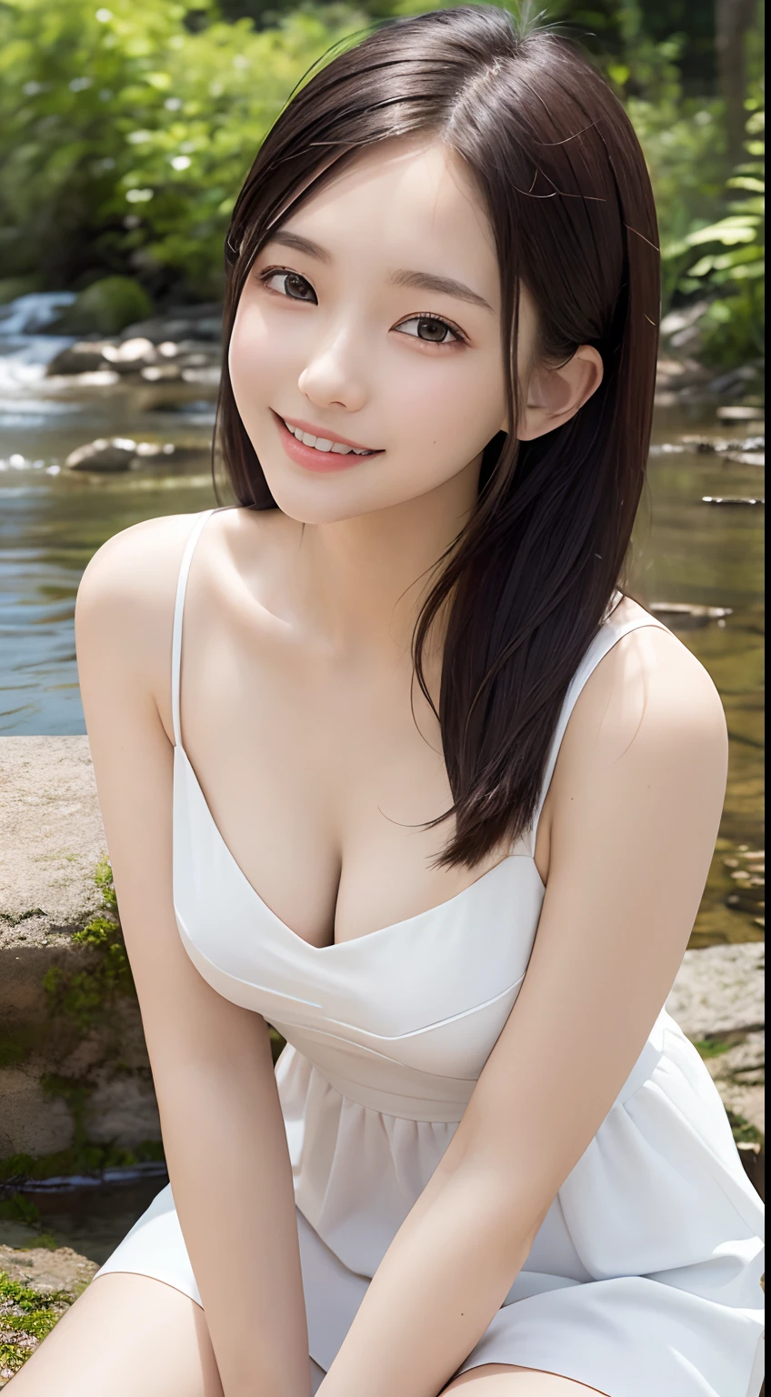 close-up of beautiful Japanese female, 20-year-old, cute, Japanese, Natural Lips, ponytail, wearing sleeveless shirt, at the stream side, bokeh background, uhd, perfect bodies, perfect arms, Perfect fingers, perfect legs, perfect hair, pores, Realistic skin texture, perfect teeth, full body, (highest quality, masterpiece:1.3, ultra high resolution), (Super detailed, caustics, 8k), (photorealistic:1.4, RAW shooting), 1 girl, (look at the camera with a smile)、Exposing the breasts、Bare your breasts、Nipples、Very large breasts、Bunny girl