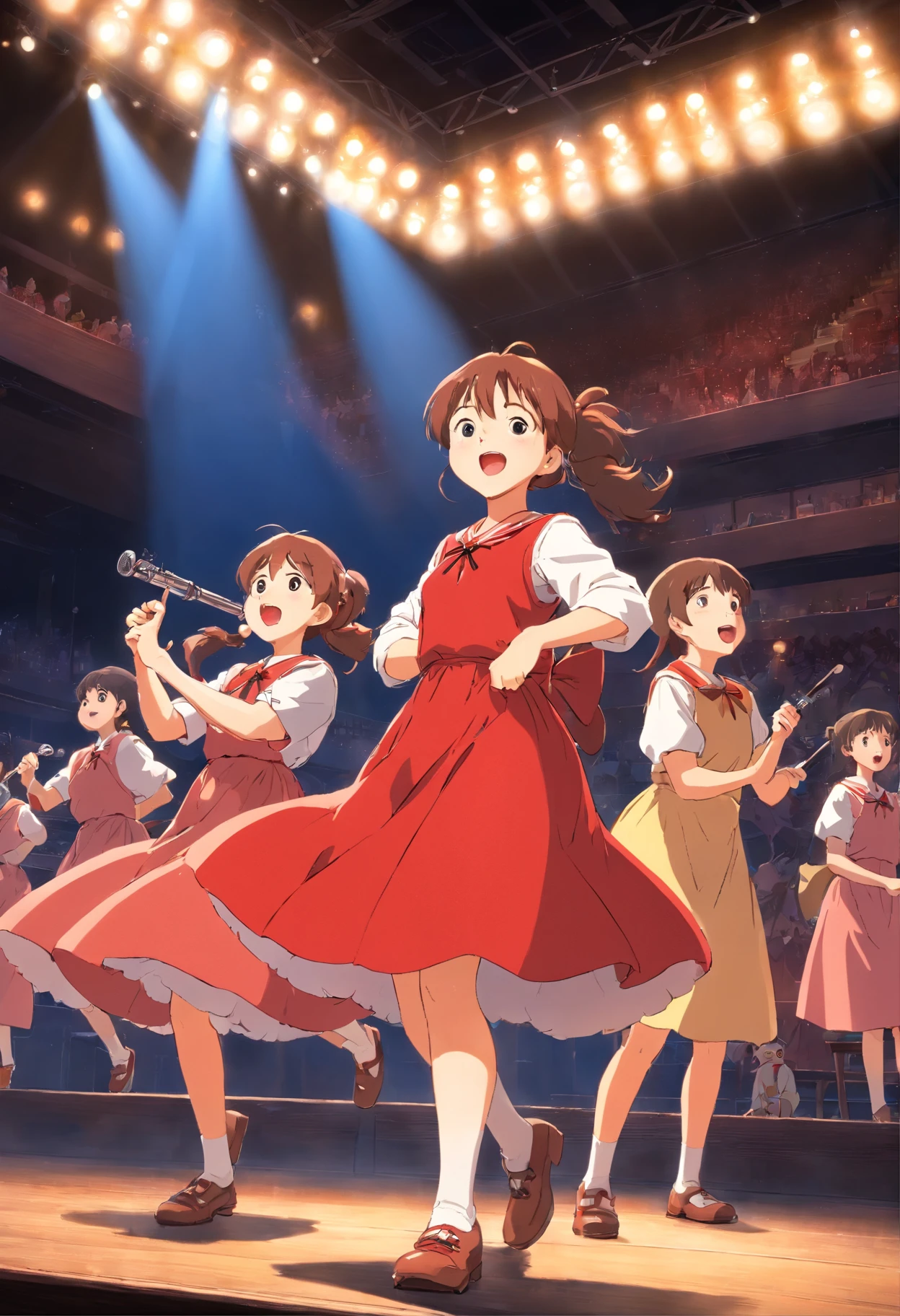 girls,Bundled ponytail,Red dress,,singing on stage, Stage lighting, Glare.
