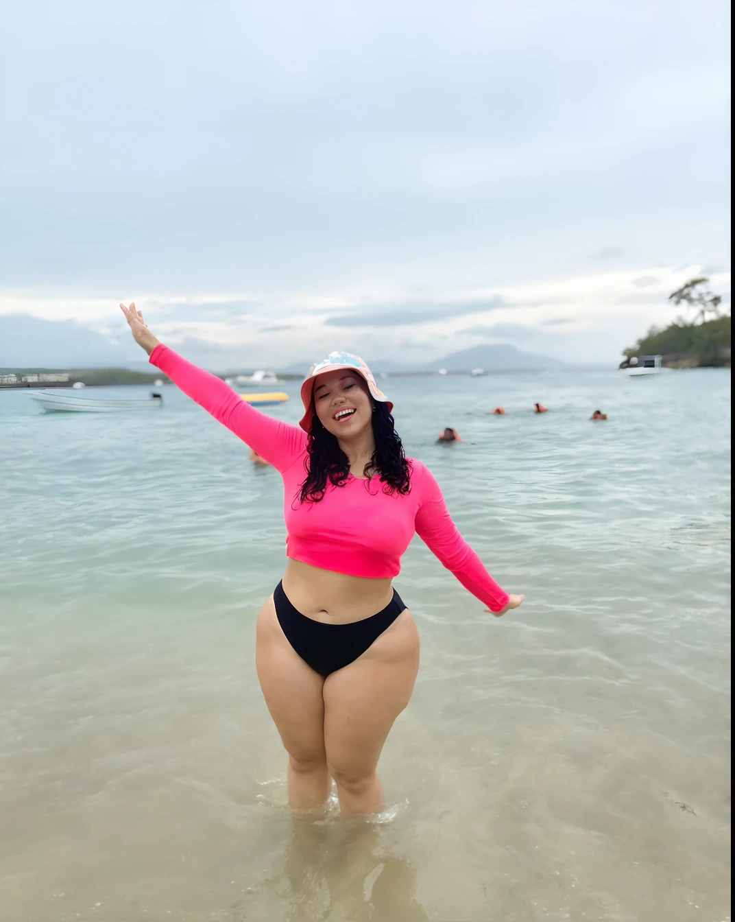 Mujer de Araffe desnuda, posing on a beach with the ocean, Thicc, en una playa tropical, cuerpo grueso, De pie en la playa, en la playa, 3 0 years old woman, 30-year-old woman, cintura delgada y caderas gruesas