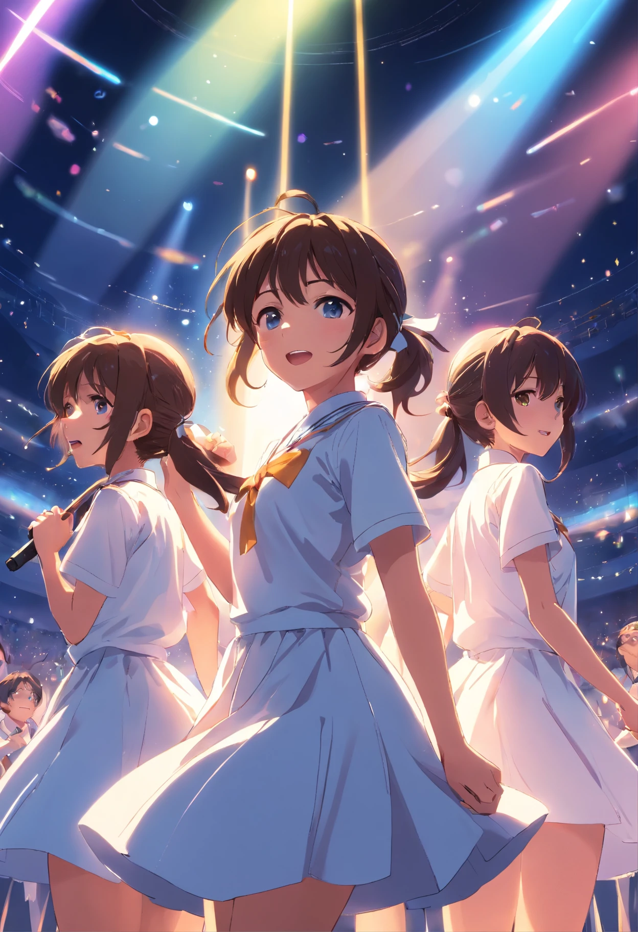 girls,Bundled ponytail,White dress,,singing on stage, Stage lighting, Glare.
