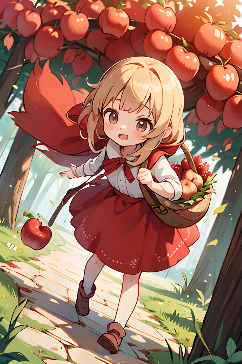 Girl dressed to go on an adventure、Dressed as Little Red Riding Hood、bustup、Walking while humming、Looks like a lot of fun、There is a basket with apple pie、Take low-angle shots