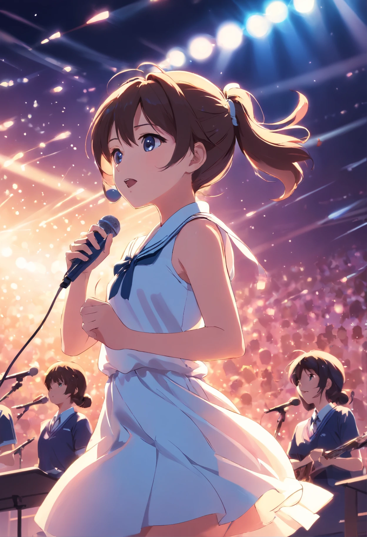 girls,Bundled ponytail,White dress,,singing on stage, Stage lighting, Glare.