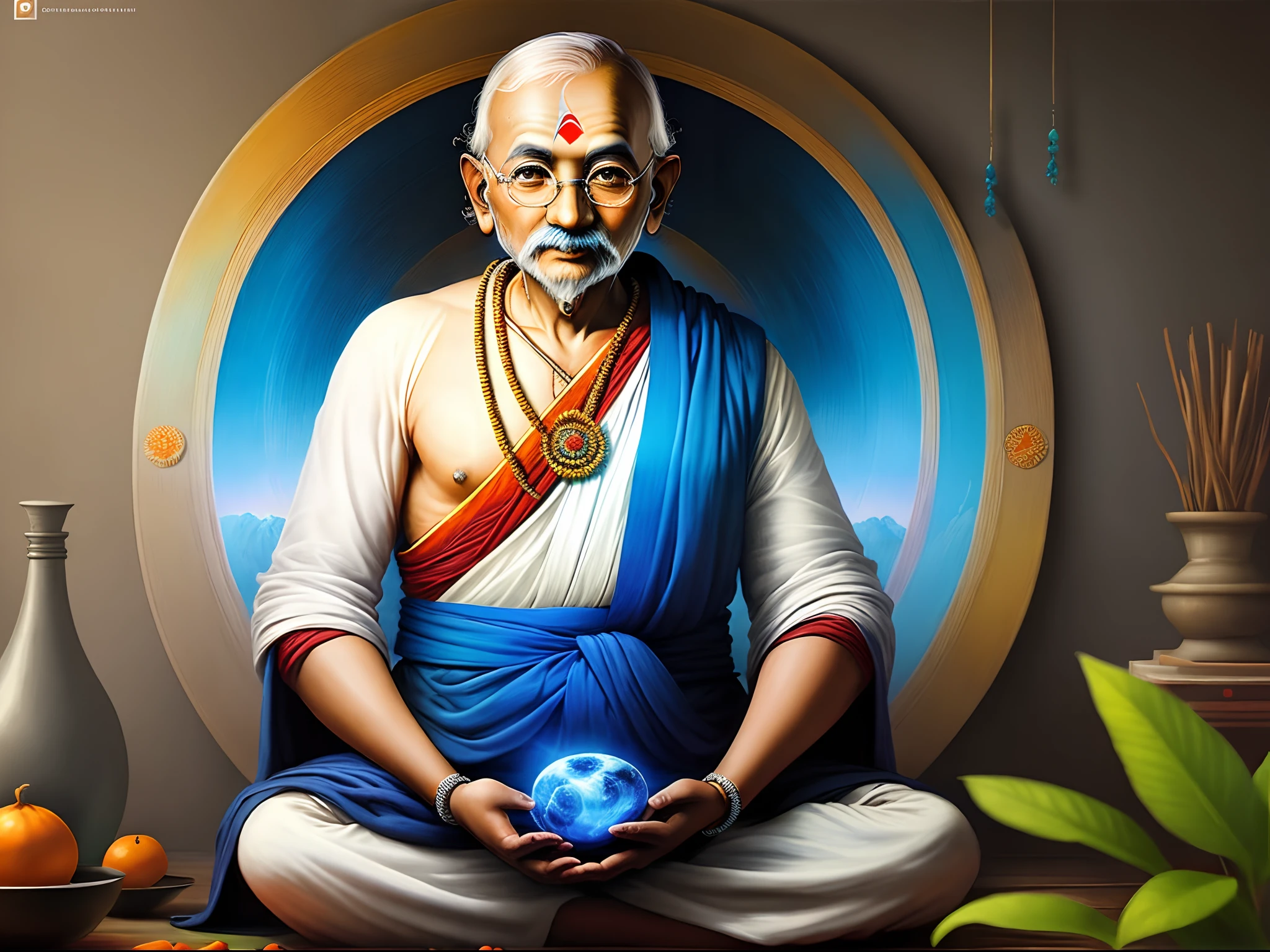 /Gandhi style futuristic painting with a blue japamala in his hands