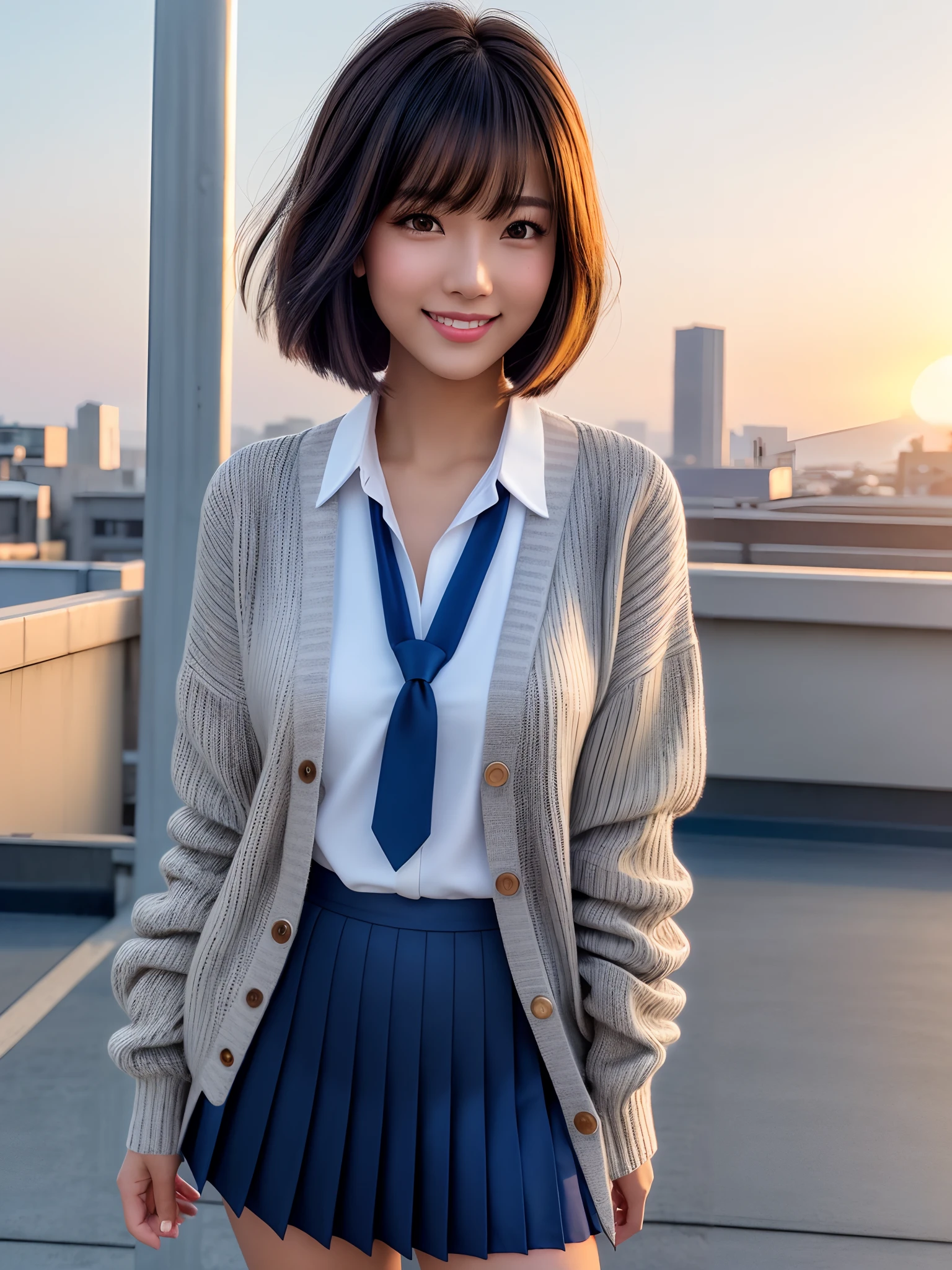 product quality, 1girl, upper body shot, front view, a Japanese young pretty woman, bob hair, standing with a big smile on a school rooftop in the sunset, hair blown by a wind, glamorous figure, wearing a long length gray knitted cardigan over a white collared silky shirt with shiny satin dark blue plain long tie, wearing a dark blue pleated long skirt, hyper cute face, glossy lips, double eyelids in both eyes, natural makeup, long eyelashes, shiny smooth light brown bob hair, asymmetrical bangs, a tanned skin, central image, high resolution, high detail, detailed hairstyle, detailed face, spectacular cinematic lighting, octane rendering, vibrant, hyper realistic, perfect limbs, perfect anatomy