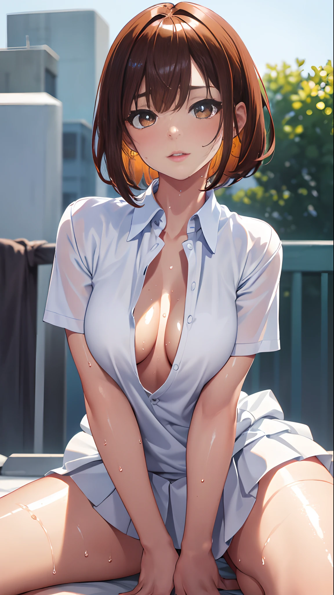 masterpiece, best quality, realistic, hyper-detailed, (shiny skin, sweaty:1.4), absurd, slender, small breasts, looking at viewer, 1girl, solo, tennis wear, white polo shirt, white sneakers, white miniskirt, very short hair, orange brown hair, black eyes, (thick thighs:0.6), dynamic lighting, high resolution, sharp focus, depth of field, detailed eyes, sharp pupils, realistic pupils