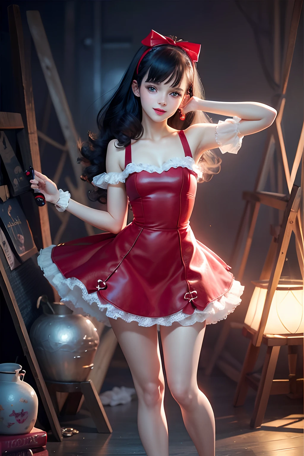 8k, hight quality, best quality, emma watson, panties dress, teenager, hairband, clean armpits, black hair, long hair, Big legs, blue eyes, sexy look, (loli), stand, middle smile, red lips.