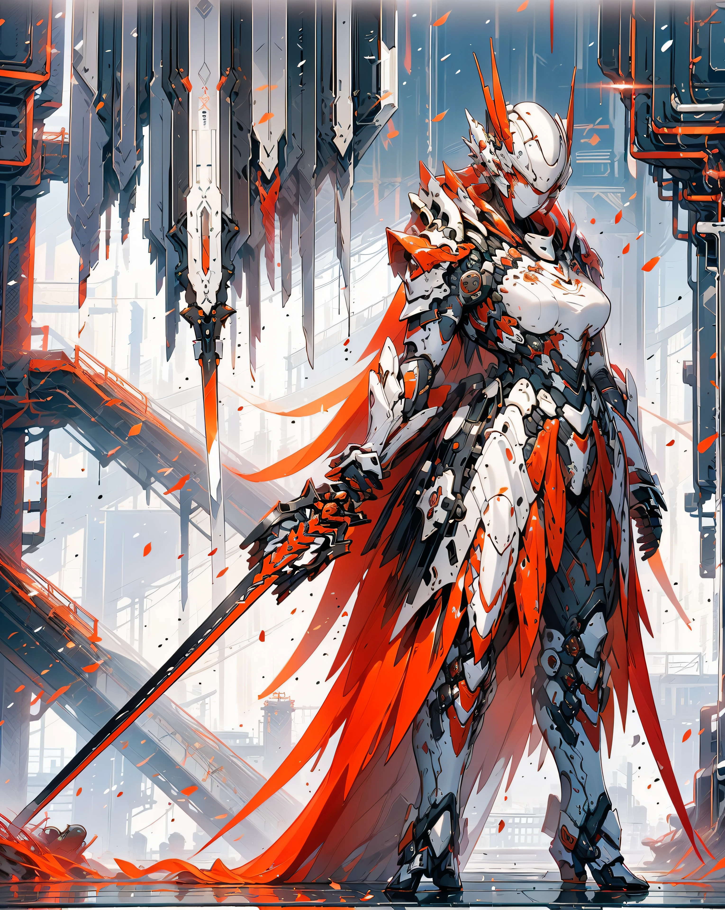 a woman with a sword and wings standing in front of a city, by Yang J, from arknights, detailed key anime art, red armor, trending on artstation pixiv, anime epic artwork, badass anime 8 k, [ trending on cgsociety ]!!, anime fantasy artwork, detailed anime artwork, blood red armor, white and red armor