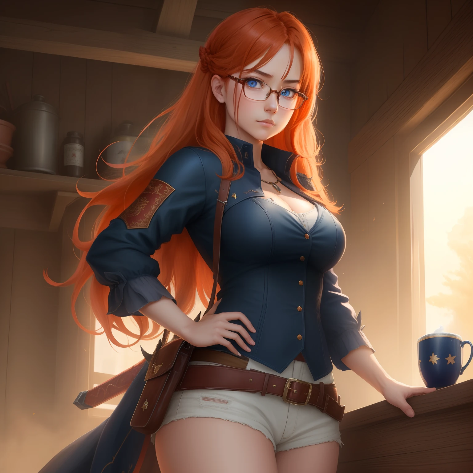 8k, masterpiece, best quality, realistic, higly detailed, cowboy shot, 1girl, solo, itsuki, serious looking girl, medium-length hair, expressive ahoge, reddish-orange hair, a pair of star-shaped hairpins near both of her eyes, dark blue eyes, average height, well-endowed figure, glasses, cute, dragon of wrath