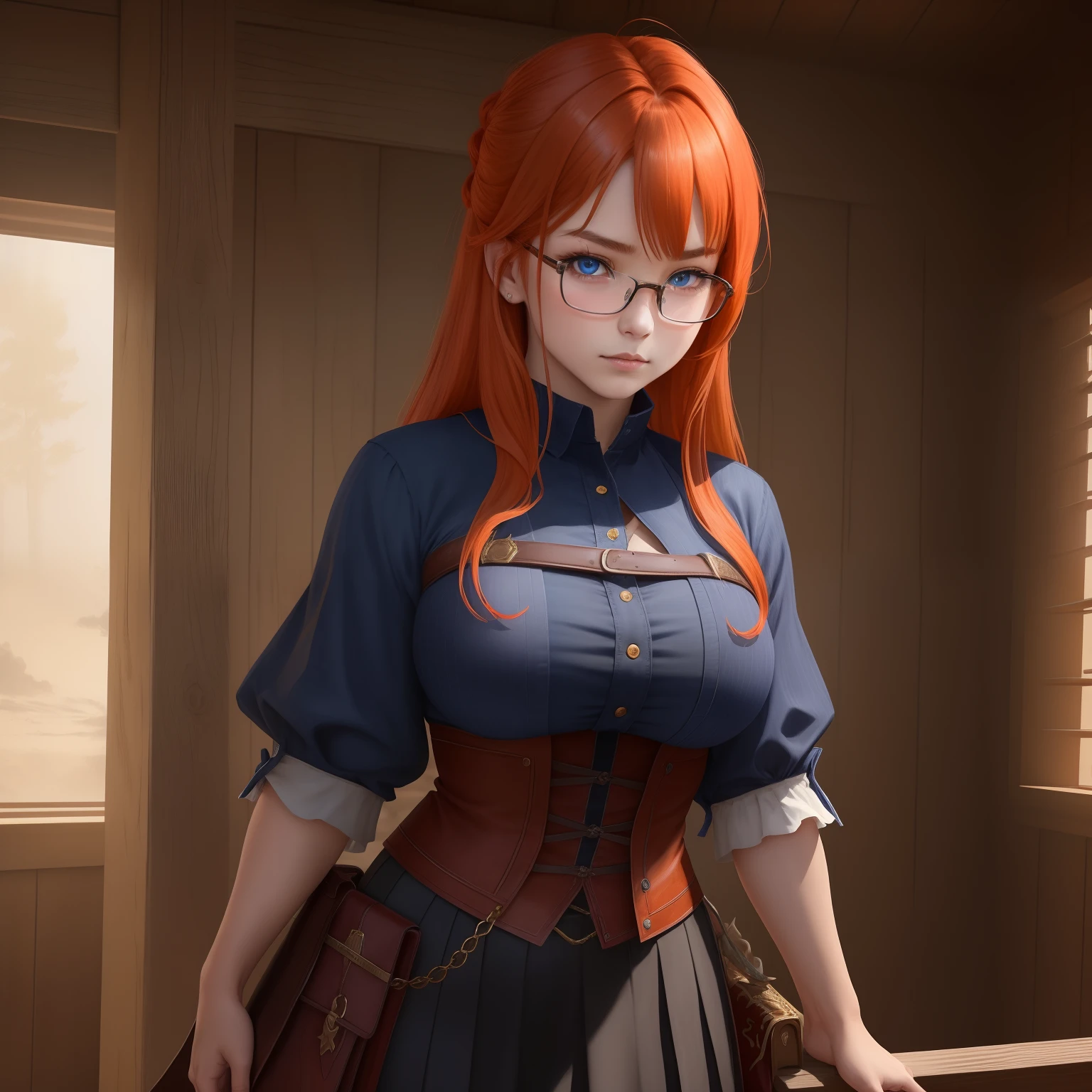 8k, masterpiece, best quality, realistic, higly detailed, cowboy shot, 1girl, solo, itsuki, serious looking girl, medium-length hair, expressive ahoge, reddish-orange hair, a pair of star-shaped hairpins near both of her eyes, dark blue eyes, average height, well-endowed figure, glasses, cute, dragon of wrath