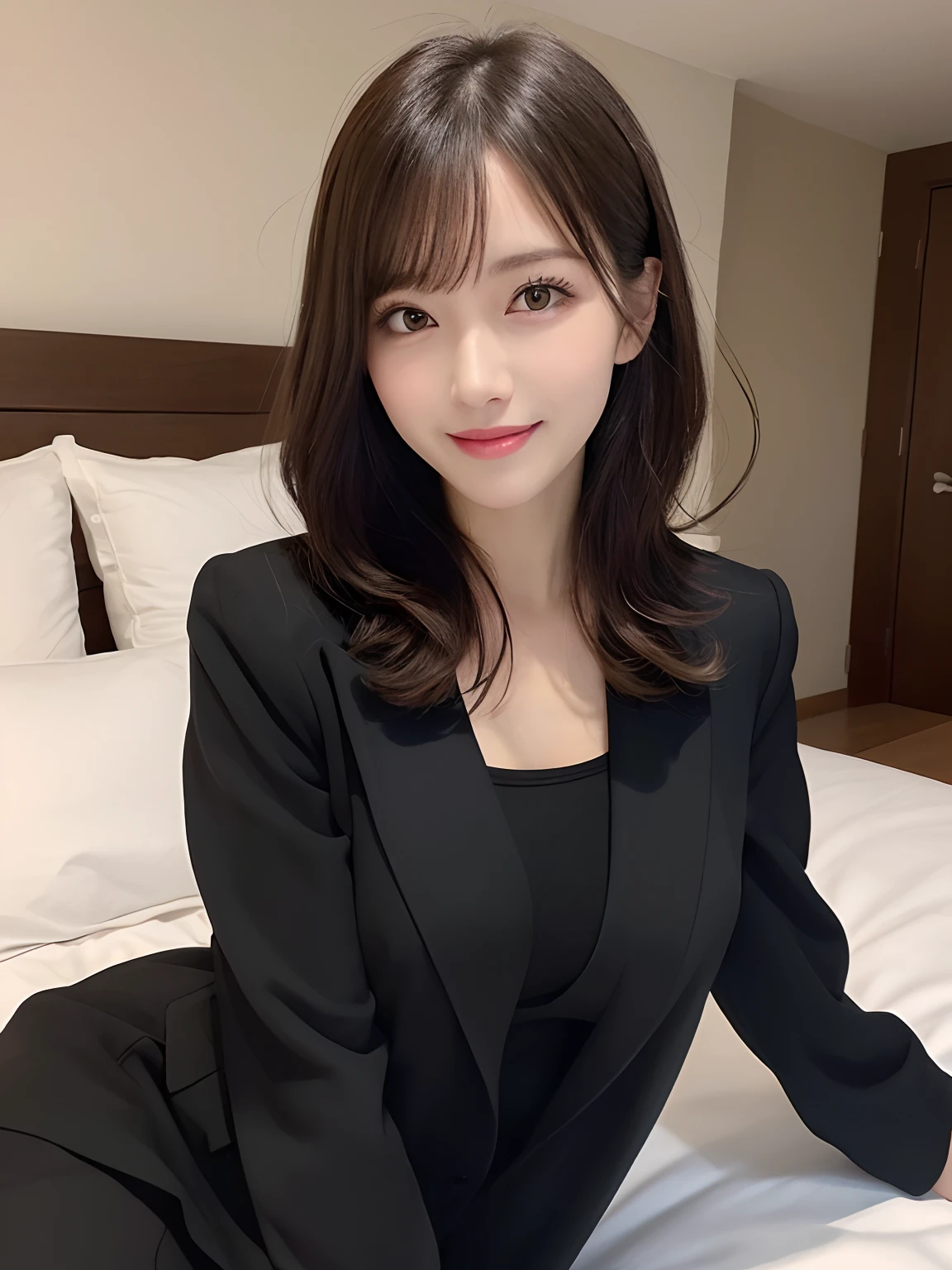 masutepiece, Best Quality, Illustration, Ultra-detailed, finely detail, hight resolution, 8K Wallpaper, Perfect dynamic composition, Beautiful detailed eyes, Black Formal Suit,Bob Hair, mid-chest, Natural Color Lip, Random and sexy poses,Smile,20 years girl　Colossal tits、hotels room、on the bed、teats