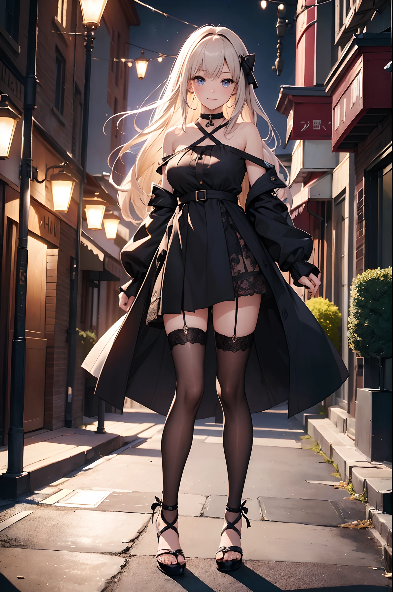 (Official art、Best Quality、Unity 8k Wallpapers、32K、masterpiece、ultra-detailliert、超A high resolution、realisitic、Photorealsitic:1.2)、(Cinematic lighting:1.2)、Fireglow effect、film grains、Best Shadows、Rim lighting、side lights、sideshot、(Ultra-detailed and complex 3D rendering)、Detailed beautiful face and eyes、A slender、Medium bust、(Full body:1.2)、 Highly detailed background、beauitful face、blurry backround、16-year-old beautiful girl、(super detailed skin、detailed skin textures:1.3)、chestnut bristles、Brown-eyed、Hip Hop Cable、off shoulders、jumper skirt、Black stockings、(thighs thighs thighs thighs:0.8)、Knitted sandals、City at night、gently smiling、a choker、dynamicposes、