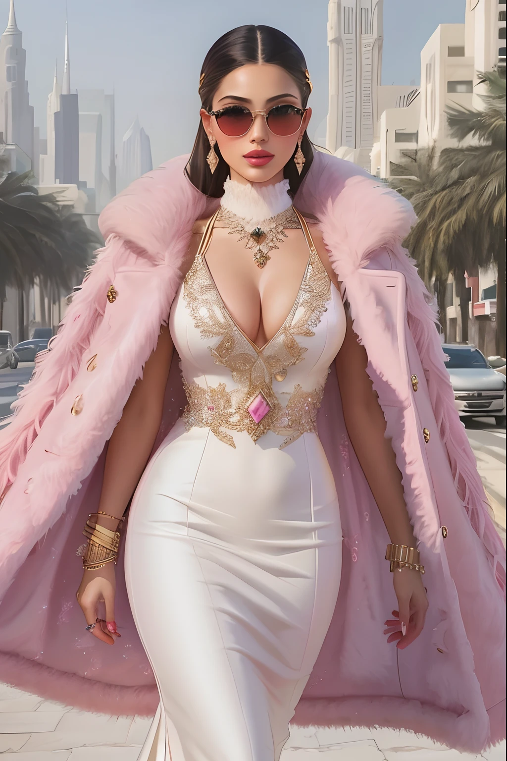 a woman in a white dress and pink coat walking down a street, inspired by Hedi Xandt, high fashion classy, dressed in expensive clothes, luxury fashion illustration, digital art of an elegant, by Hedi Xandt, persian queen, rich style, wealthy women, arab princess, extravagant dress, full body!! maximalist details