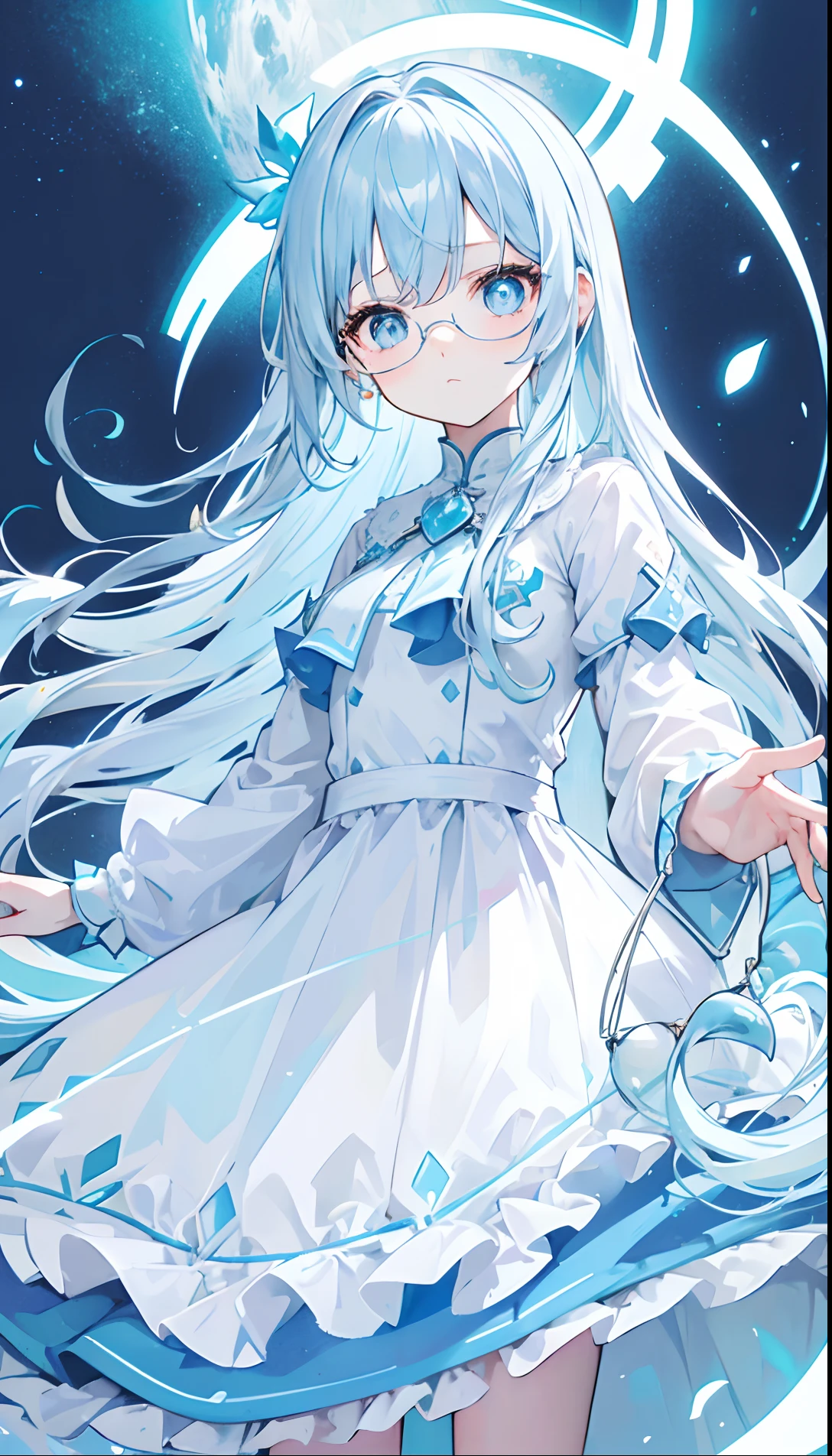 Poor and simple light blue long hair，White glasses，Various light blue with light yellow princess dresses look a little intellectual and cute，Light blue pupils，The whole is fluorescent