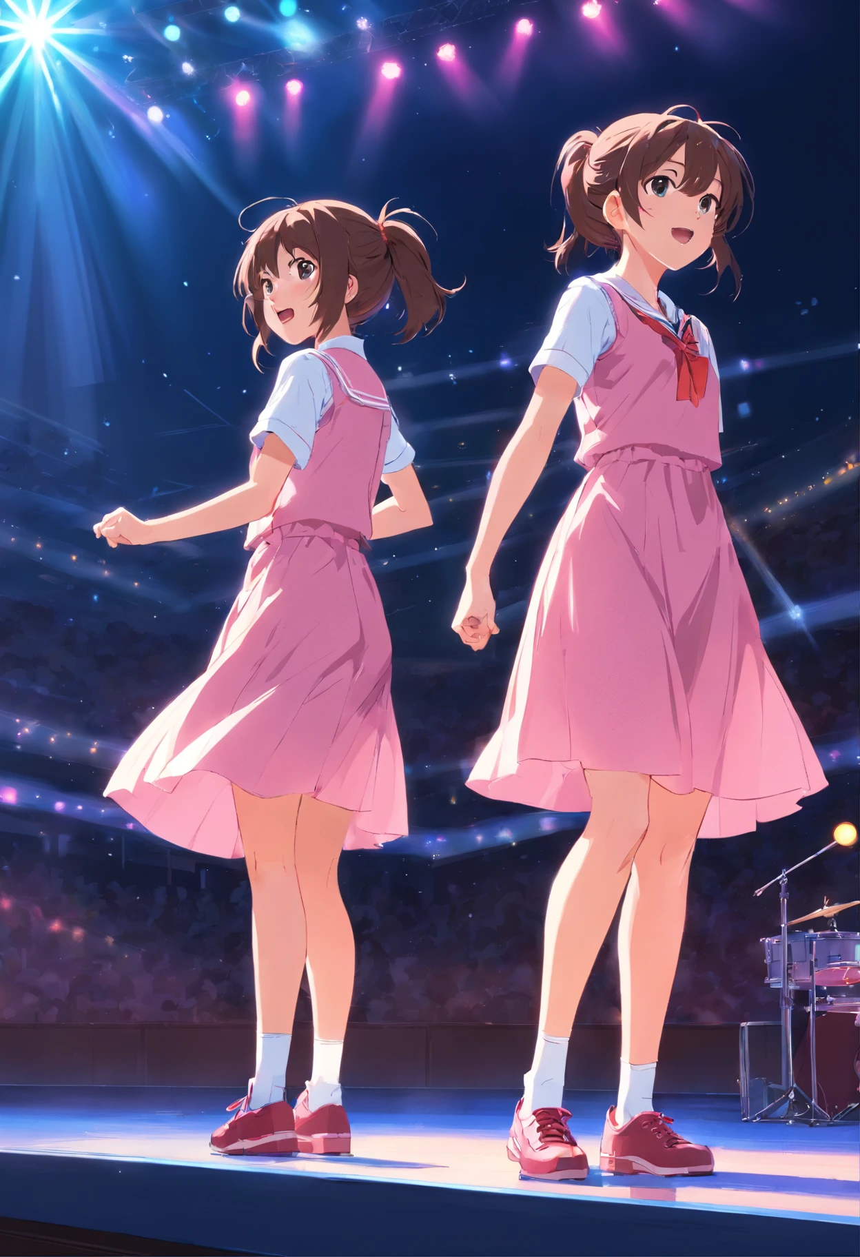 schoolgirls,Bundled ponytail,Pink dress,,singing on stage, Stage lighting, Glare.