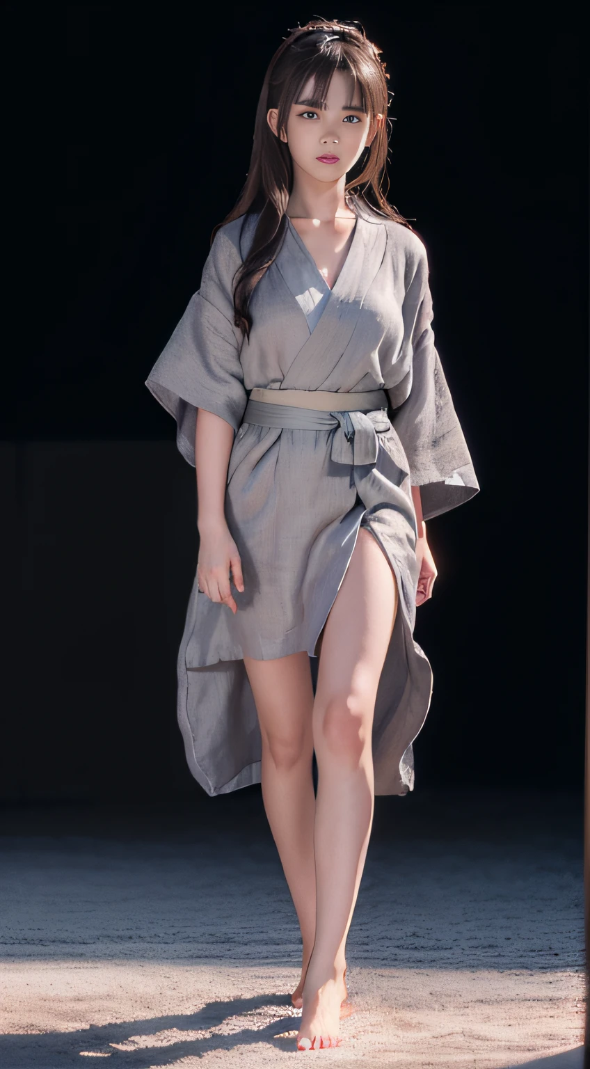 ((Best quality, 8K, Masterpiece :1.3)), Sharp focus:1.2 , Photorealsitic,(Cinematic lighting),Facial detail texture. Eye details. Double eyelids, Slender body. Super small breasts, Sexy collarbone,-yeld gi photo-realistic:1.37,Perfect eyes, ((1 Girl in gray yukata)),(white sash),(Ultra-thin fabric),((Ragged linen)),With a petite figure,brunette color hair,Long hair draped loosely,Qi bangs,Stand in the snow,The barefoot,Full body like,short- sleeved,short skirt,Exposing thighs,folds,((solid color backdrop)),is shy,Be red in the face