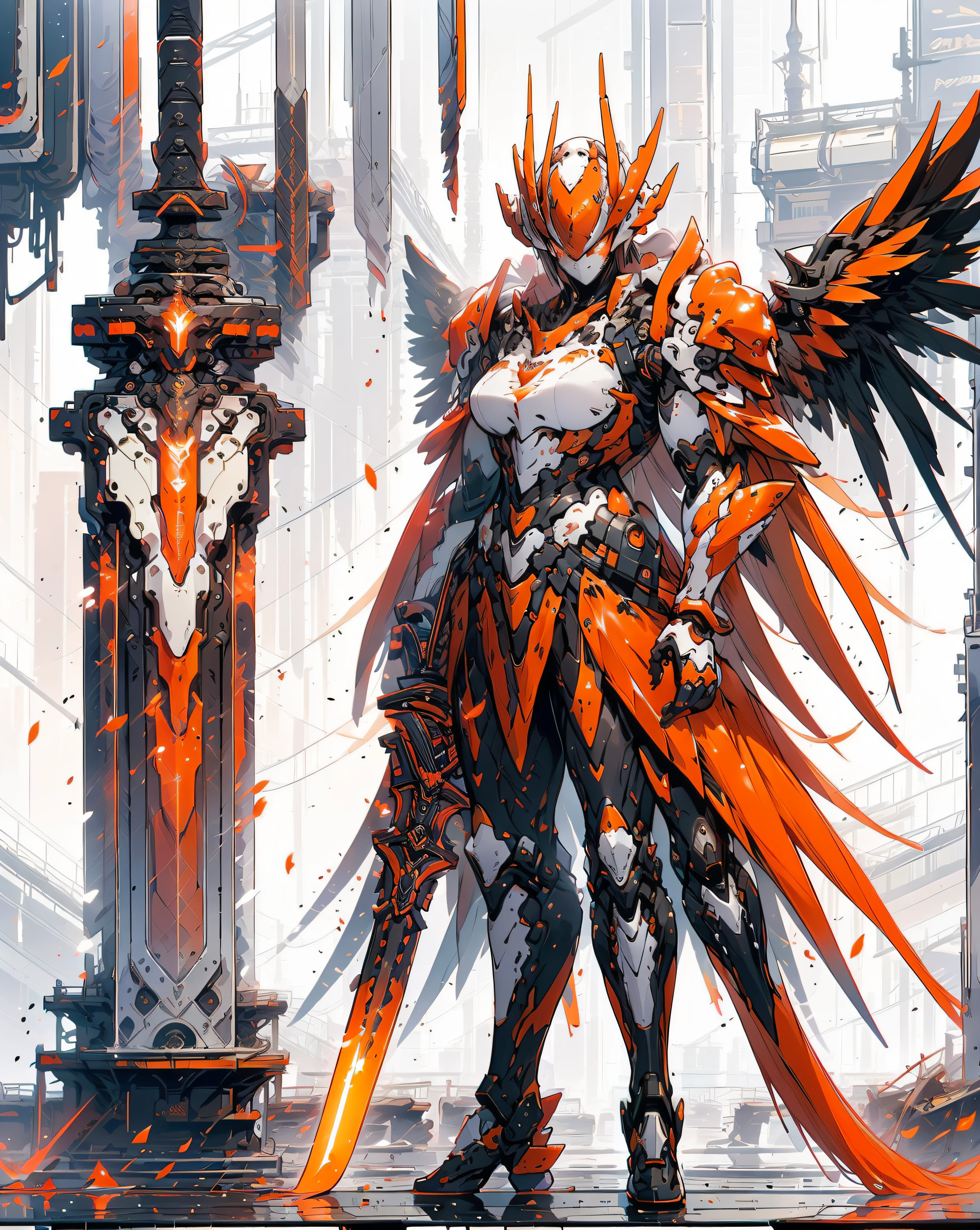 a woman with a sword and wings standing in front of a city, by Yang J, from arknights, detailed key anime art, red armor, trending on artstation pixiv, anime epic artwork, badass anime 8 k, [ trending on cgsociety ]!!, anime fantasy artwork, detailed anime artwork, blood red armor, white and red armor