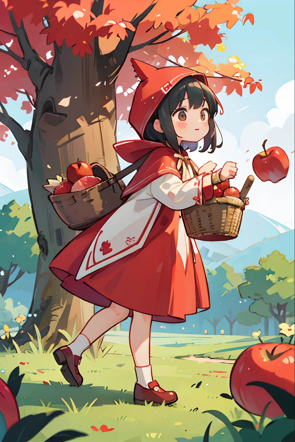 Girl dressed to go on an adventure、Dressed as Little Red Riding Hood、bustup、Walking while humming、Looks like a lot of fun、There is a basket with apple pie、Take low-angle shots