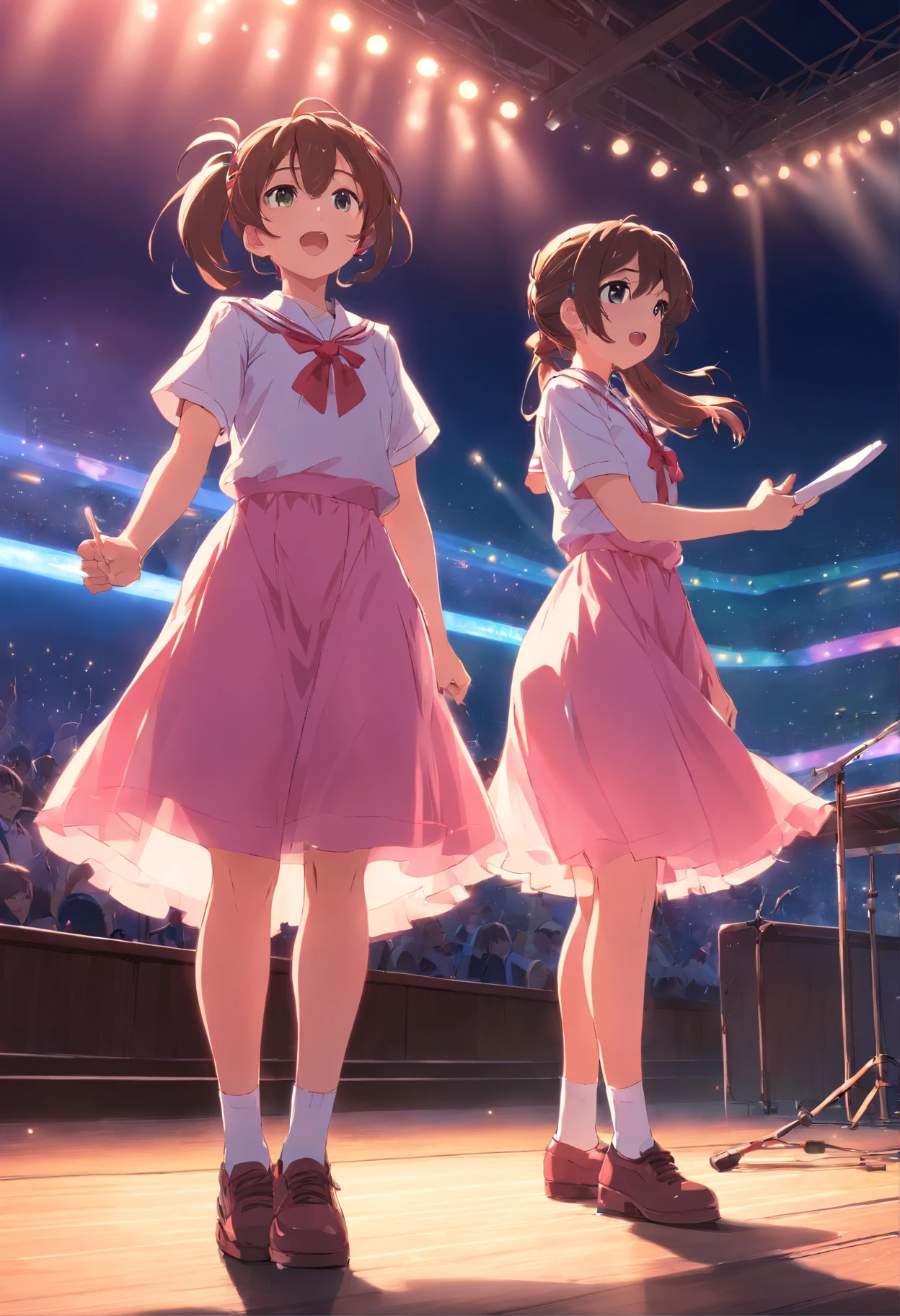 schoolgirls,Bundled ponytail,Pink dress,,singing on stage, Stage lighting, Glare.
