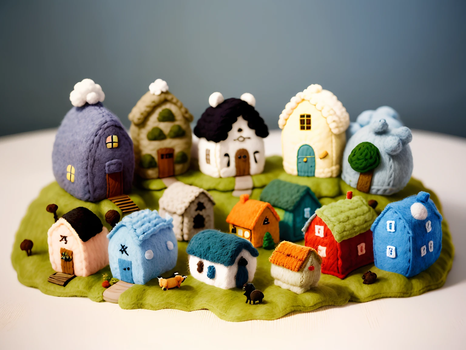 (cute world of wool felt, wool knitted fabric, cartoon), some small houses, farms, barracks, warehouses, flower houses, super cute, superb lighting, volumetrics, by Jon Klassen, Ghibli Studio style, Tilt - shift, 80mm lens, Large aperture, 3d, blender, masterpiece, super detail, best quality, --v6