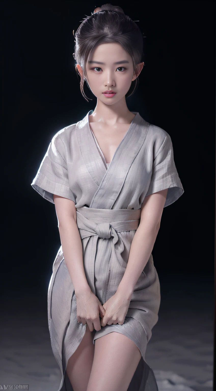 ((Best quality, 8K, Masterpiece :1.3)), Sharp focus:1.2 ， Photorealsitic，(Cinematic lighting)，Facial detail texture. Eye details. Double eyelids, Slender body. Super small breasts, Sexy collarbone，12-year-old girl, photo-realistic:1.37，Perfect eyes, ((1 Girl in gray yukata))，（white sash），(Ultra-thin fabric)，((Ragged linen))，With a petite figure，brunette color hair，hair-bun，Qi bangs，Stand in the snow，The barefoot，Full body like，short- sleeved，short  skirt，Exposing thighs，folds，((solid color backdrop))，is shy，Be red in the face