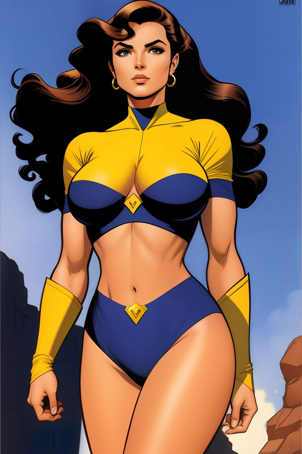 Arte similar Jonh Buscema,1garota,cabelos longos sedosos, cabelos negros, olhos verdes, Superheroíne, super-realista, middlebreasts, Brazilian heroine outfit sporting the colors of the Brazilian flag, olhar audacioso, postura imponente, 4K分辨率, Lotes Cameltoe, lotes de dedo de camelo, Sentido Superior, pelos negros, with your clenched fisted hands, scenario Brazil year 2023