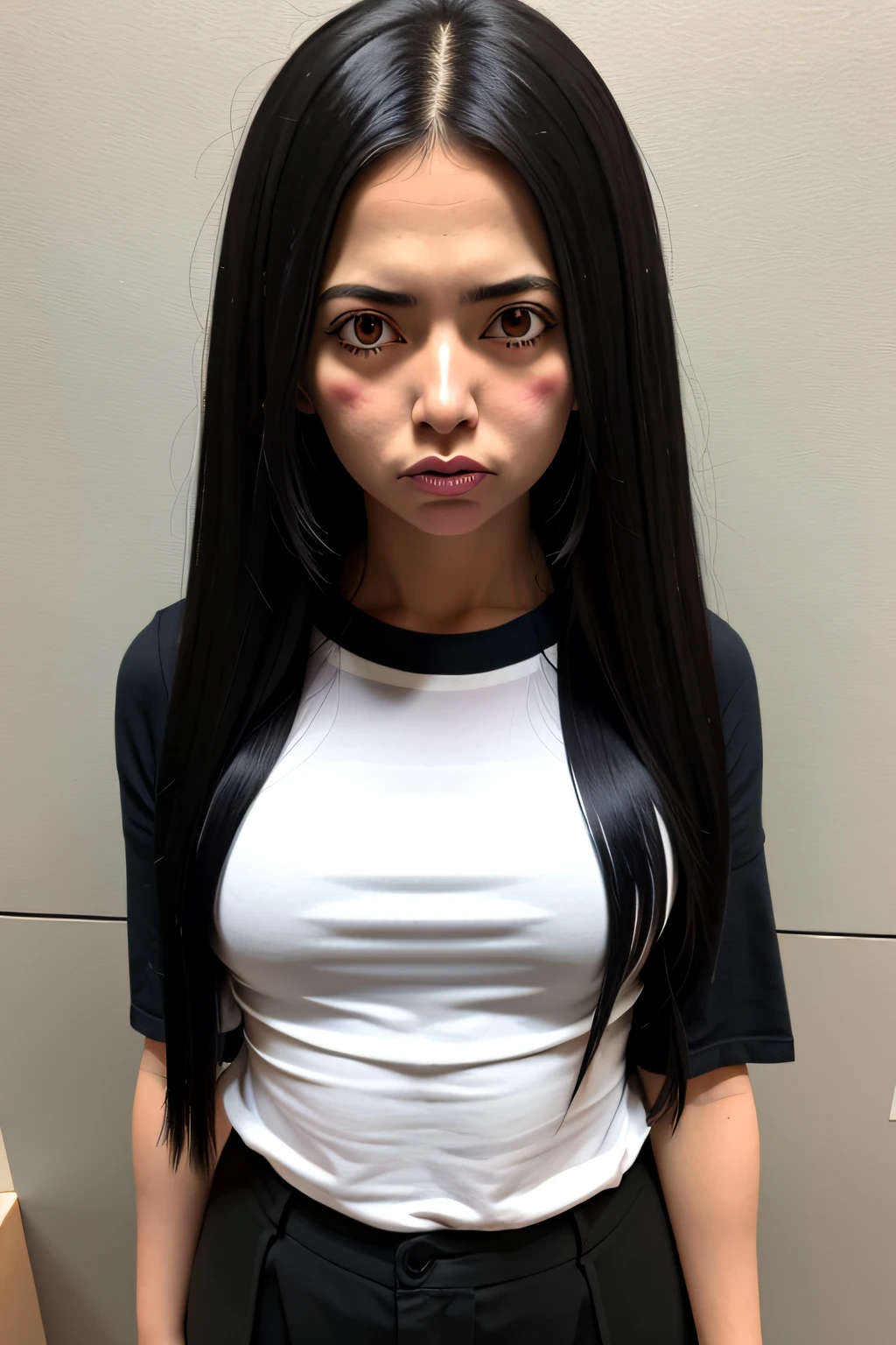 Mulher com black hair, olhando para a camera, usando roupas feias, with an expression of disgust and foul smell