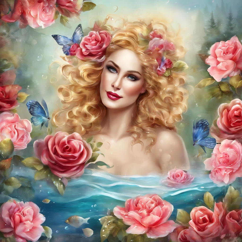 3D renders, blender triangle circle effecting, watercolor art style, beautiful statue of the Venus, front side, high detail skin, smile, floating blue hair, red eyes, Flower tattoo on collarbones, full body shot, pink roses flying around, wreaths in full bloom, water splash, frame composition, cinematic, double exposure effect, fanciful underwater background, thin, water wave effect, wet, Golden ratio, high HDR, high contract, rim light, soft light.