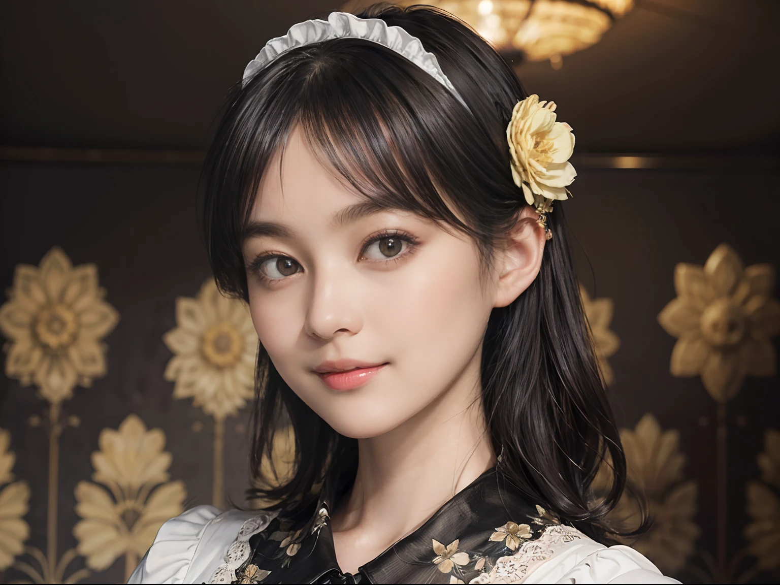 09
(Black Shorthair:1.3), (a 20 yo woman), (A hyper-realistic), (Masterpiece), (8KUHD), Beautiful woman, a smile, (Maid clothes with floral patterns:1.2), Spacious and luxurious entrance, Standing in a room with a large depth, (Focus on the face:1.23)