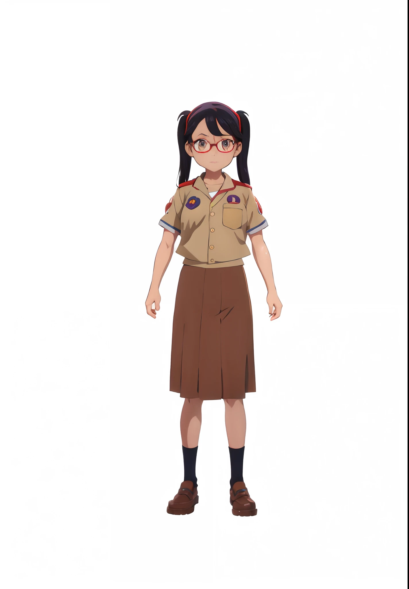 arafed image of a girl in a uniform and glasses, girl wearing uniform, highly detailed character, nagatoro, render of a cute 2d anime girl, 2d model of a japanese mascot, animation character, anime styled 2d, realistic anime 2d style, 2d character, 2d character, 2d anime girl, maya takamura, female scout, female scoy clothes,