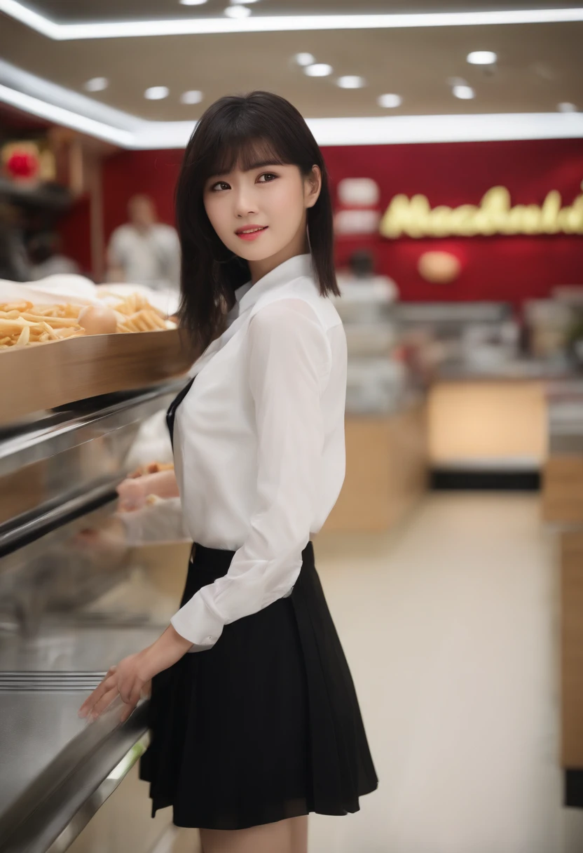 top-quality、超A high resolution、(Photorealsitic:1.4)、女の子1人、Casual sleeveless white shirt、Raise your arms and see your sides、Black tight skirt、(Faded black hair:1)、(Smaller chest:1.2)、looking at viewert、a closeup、realistic facial expression、japanes、Hairstyle is bob、Scenery of McDonald's、Inside a McDonald's store