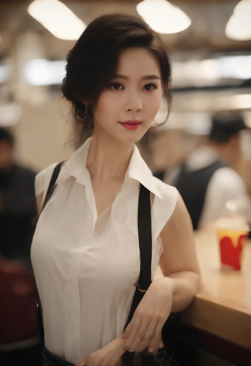 top-quality、超A high resolution、(Photorealsitic:1.4)、女の子1人、Casual sleeveless white shirt、Raise your arms and see your sides、Black tight skirt、(Faded black hair:1)、(Smaller chest:1.2)、looking at viewert、a closeup、realistic facial expression、japanes、Hairstyle is bob、Scenery of McDonald's、Inside a McDonald's store