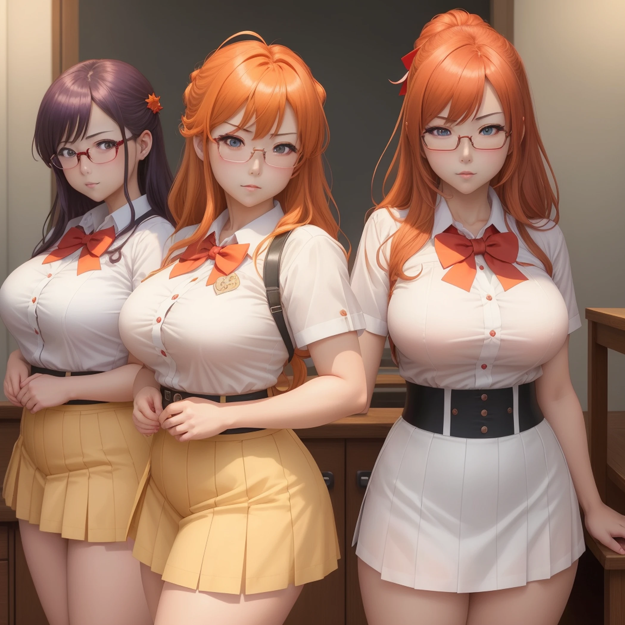 Three anime girls in white shirts and red bow ties pose for photos, Ecchi anime style, oppai, Ecchi, Big breasts!, ikki tousen, Seductive Anime Girl, visual novel cg, Ecchi style, Realistic Schoolgirl, SFW version, ; visual novel, visual novel, visual novel key visual, Anime Girls, oppai proportions, 8K, masutepiece, Best Quality, Realistic, ighly detailed, Cowboy Shot, 1girl in, Solo, Itsuki, Seriously looking girls, medium lenght hair, Expressive ahoge, Reddish-orange hair, A pair of star-shaped hairpins near her eyes, Dark blue eyes, Average Height, Blessed figure, Glasses, Cute, Angry Dragon