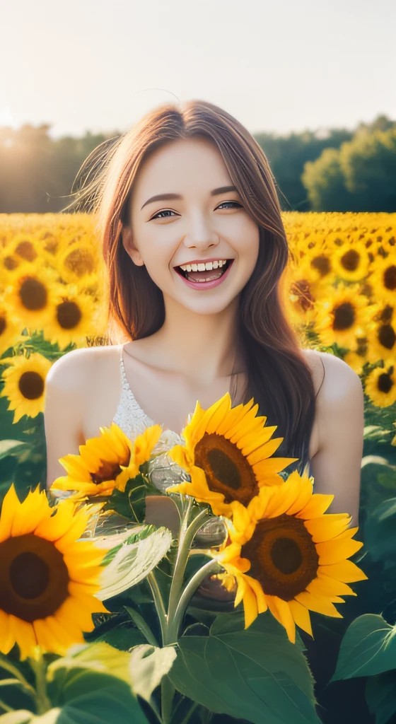 (8K, RAW photogr, Photorealistic:1.25),a lot of sunflowers,(of a real:1.4),Bright style,Beautiful Ukrainian girl、Laughing、Holding a bouquet of flowers