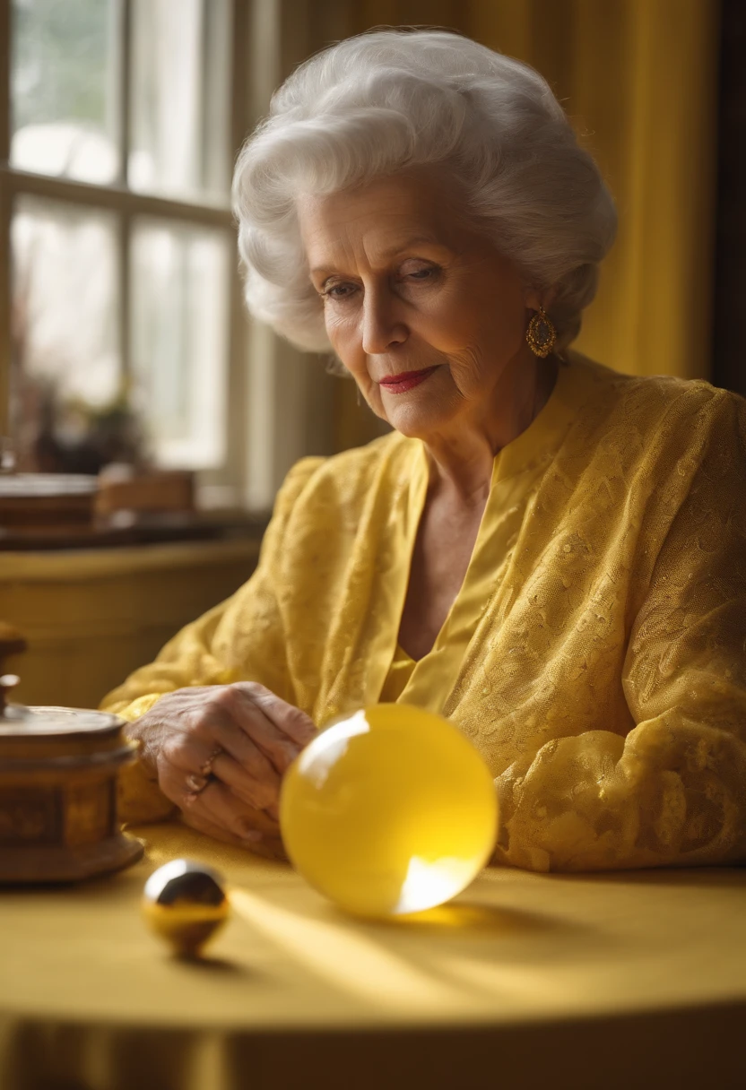 70 year old lady, crystal ball on the table, yellow clothes, l