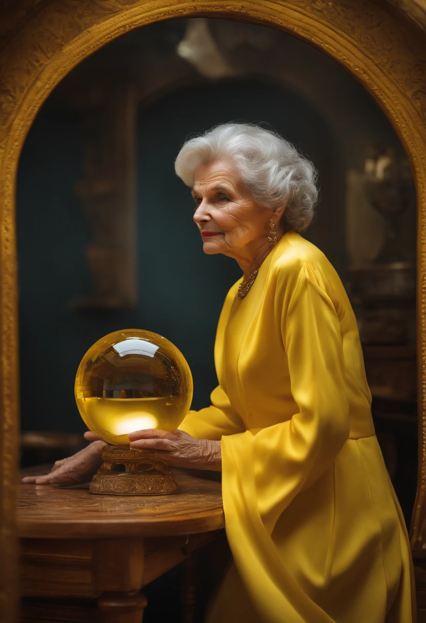 70 year old lady, crystal ball on the table, yellow clothes, l