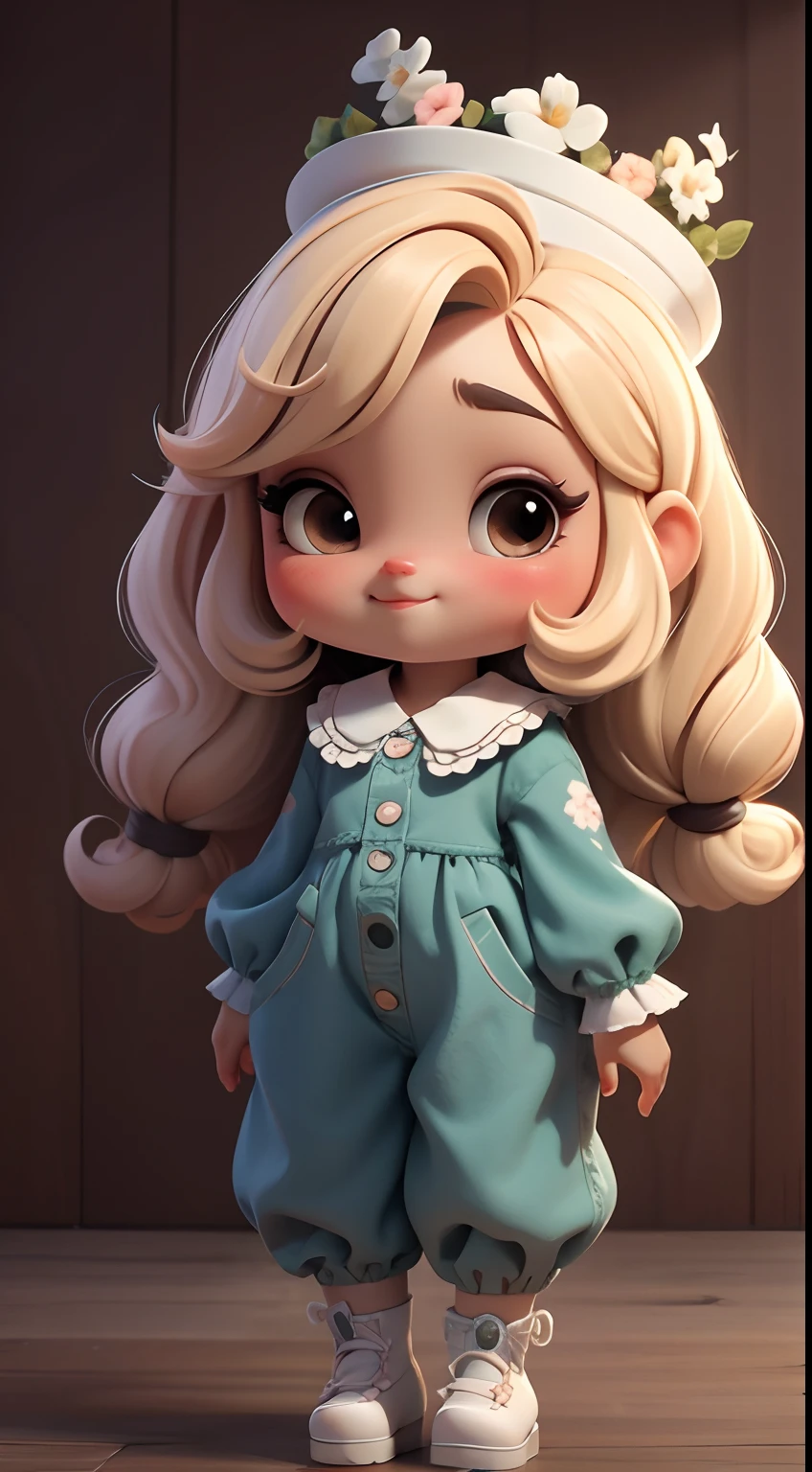 Create a series of cute baby chibi style loli dolls with a cute forest theme, sorridente e fofa, each with lots of detail and in an 8K resolution. All dolls should follow the same solid background pattern and be complete in the image, mostrando o (corpo inteiro, incluindo as pernas: 1.5)

Boneca fada: Chame-a de Bella. Ela deve ter cabelo longo e cacheado em tons castanho e preto. Seus olhos devem ser grandes e brilhantes, with long eyelashes and rosy cheeks. Bella should be dressed in a country-style jumpsuit, delicado, florido e detalhado. She should wear a hat and no accessories on her hands, deixando elas sem nada. Don't forget the details, com detalhes coloridos e enfeites encantadores, sapato bonito

Certifique-se de adicionar sombras, texturas e detalhes nos cabelos, roupas de cada boneca, to make them even more adorable and charming.