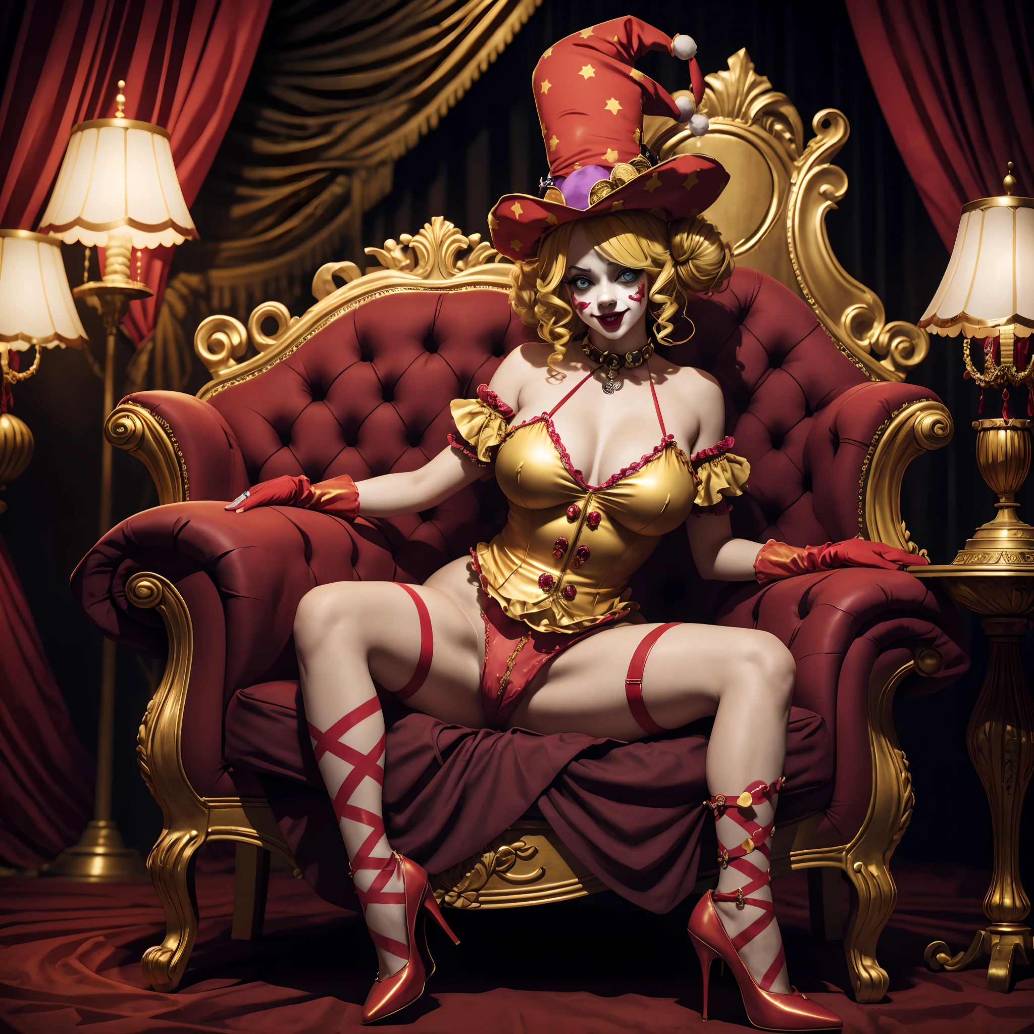 Crazy Clown Queen, sitting on a golden throne, Wear a clown hat, Wear clown costumes, mitts, vivd colour, Laughing, Deep blonde hair, Cute breasts, Horror , (did not wear panties),Wavy hair, Bun, and high heels. (bloods), Circus props, spooky ambiance, haunted background. Surrealist style, Sharp contrast, ominous lighting, high-density imaging review, Ultra-high definition, Studio lighting,physically-based renderingt, Extreme detail description, professional (Horror )