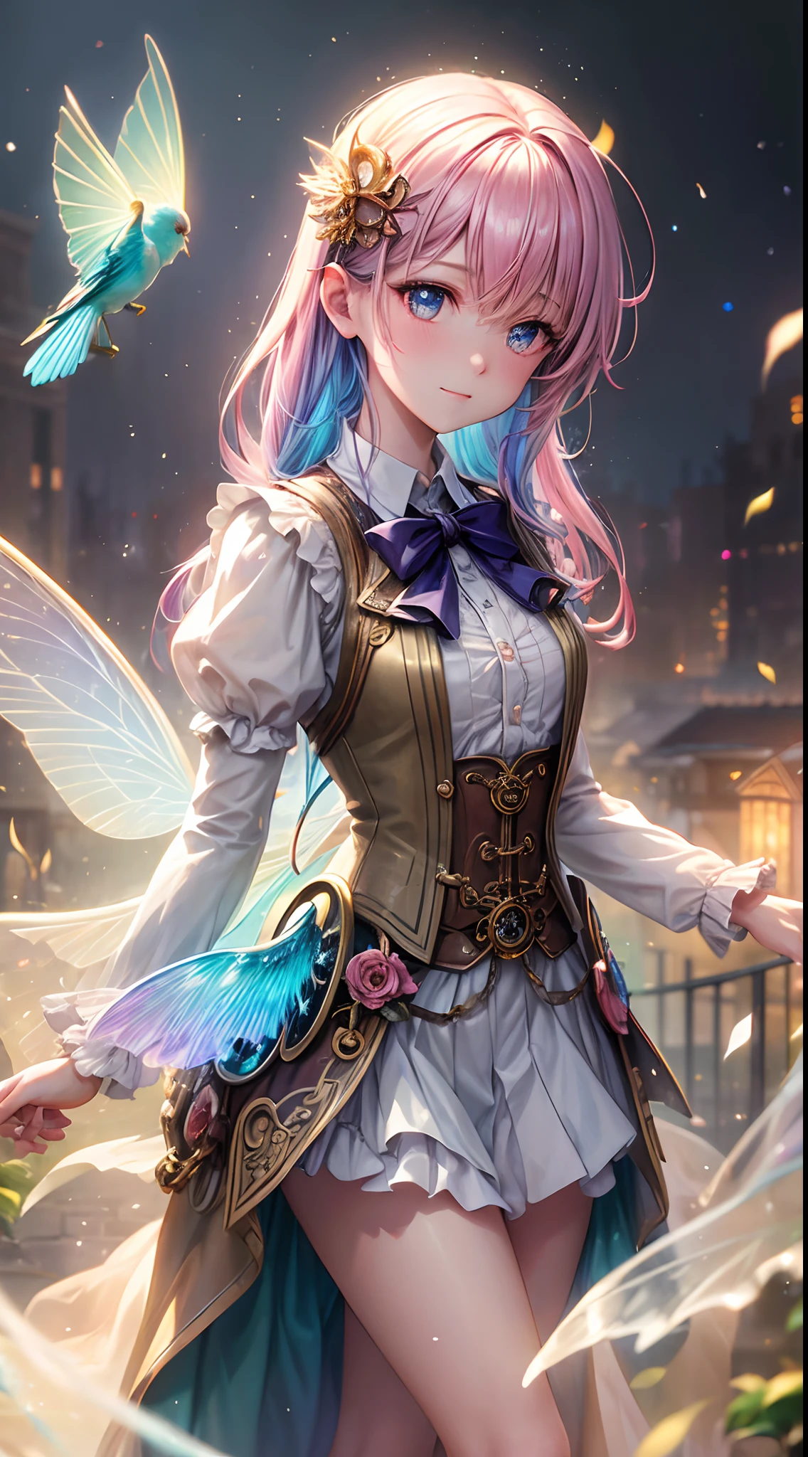 fine art masterclass splash spray trickle daubs of rainbow opaline Prisma Sakuraoil color,Steampunk celestial ethereal ghostly Fairy, HDR, ultra high-detail, centered, bokeh, lens flare, foggy dusk, bloom, light bloom, cinematic lighting, high dynamic range, depth of field, full pose