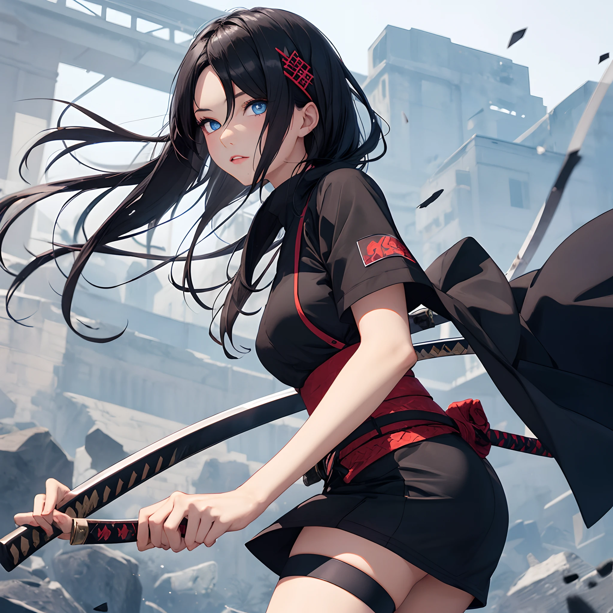 A girl with coal black hair and blue eyes in ninja outfit holding a katana