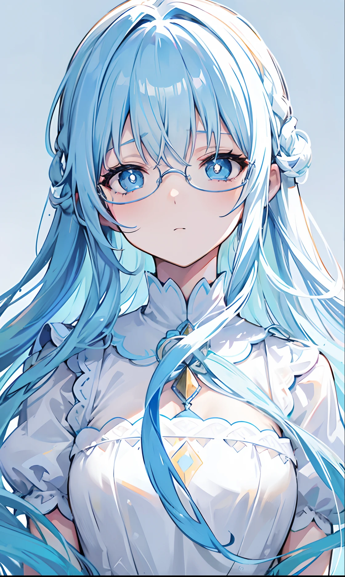 Poor and simple light blue long hair，White glasses，Various light blue with light yellow princess dresses look a little intellectual and cute，Delicate blue pupils，The whole is fluorescent