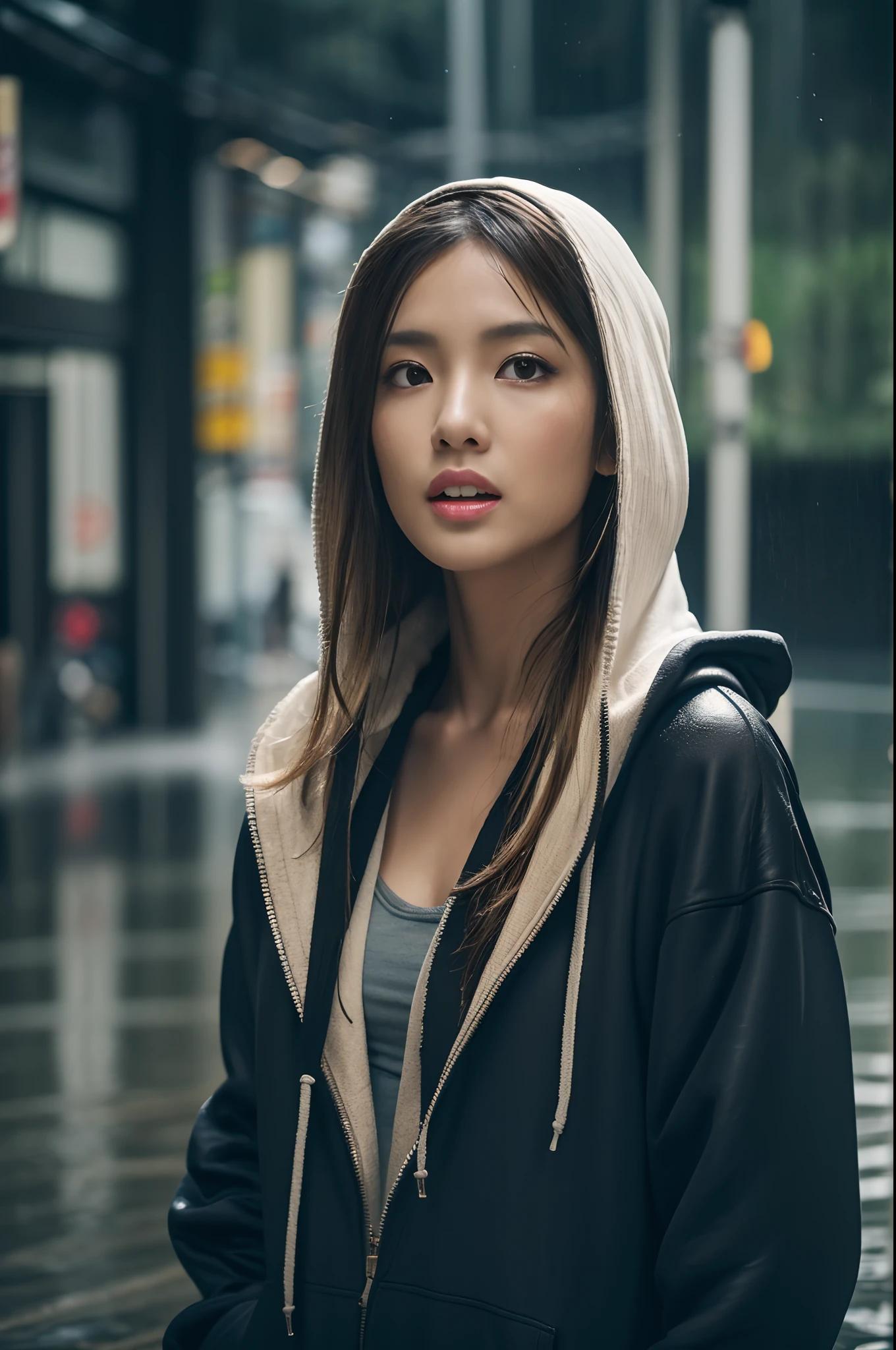 (masutepiece:1.2), ultra-detailliert, 超A high resolution, (Realistic, photographrealistic:1.37), high-definition RAW color photography, professional photograpy, extremely delicate and beautiful, Extremely detailed, finely detail, Huge file size, highly detailed beautiful girl, extra detailed face, extremely detailed eye, highlydetailed skin, highly detailed nose, highly detail mouth, Perfect Anatomy, Highly detailed background, Shiny skin, (a famous actress of Japan:1.2), (gals:1.25), flat chest, (Brown race, Dark skin, a blond:1.55), Very short cut hair, (Hoodie:1.2), Hood Up, (mid-riff peak:1.2), (Heavy rain:1.4), Wet hair, Wet skin, water dripping, (Full body:1.3), Cinematic lighting, (Dynamic Pose:1.35), (Shibuya:1.35)