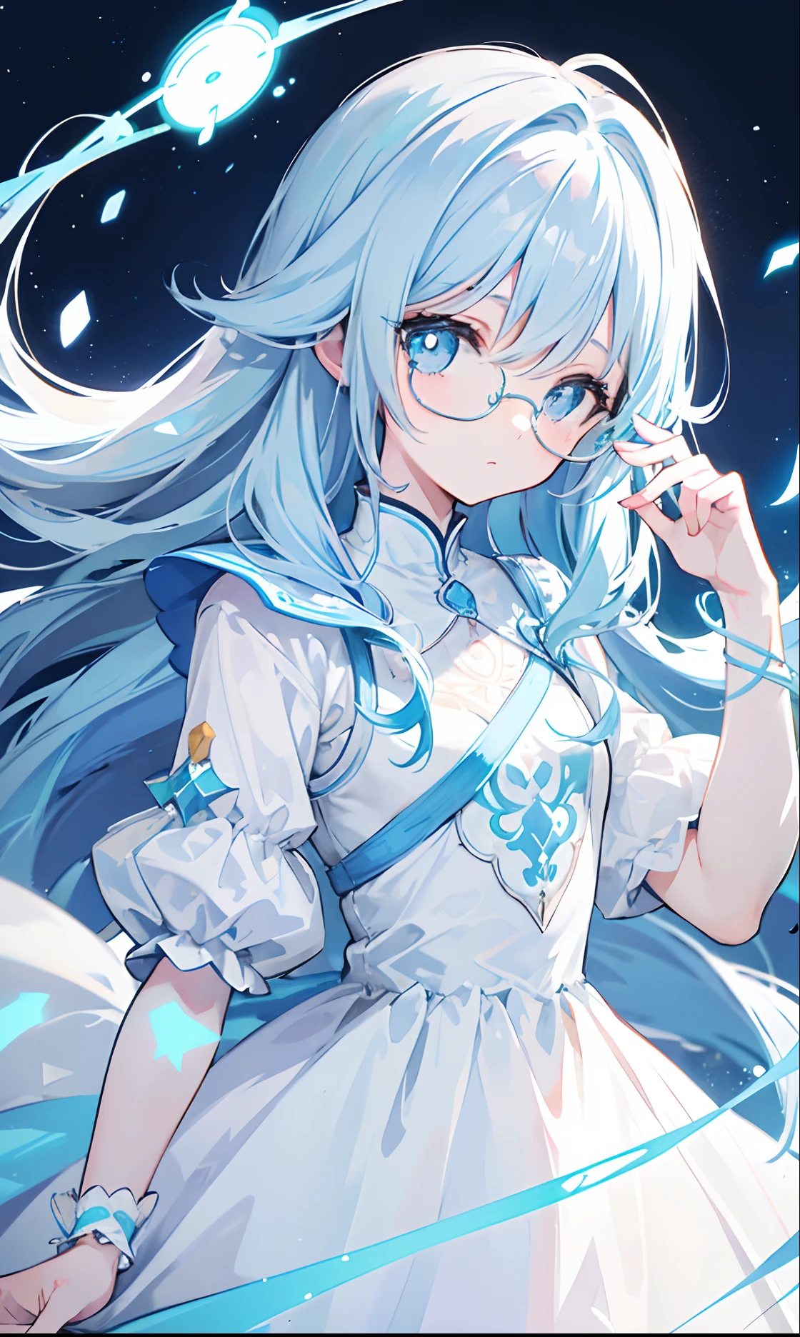 Poor and simple light blue long hair,White glasses,Various light blue with light yellow princess dresses look a little intellectual and cute,Delicate blue pupils,The whole is fluorescent