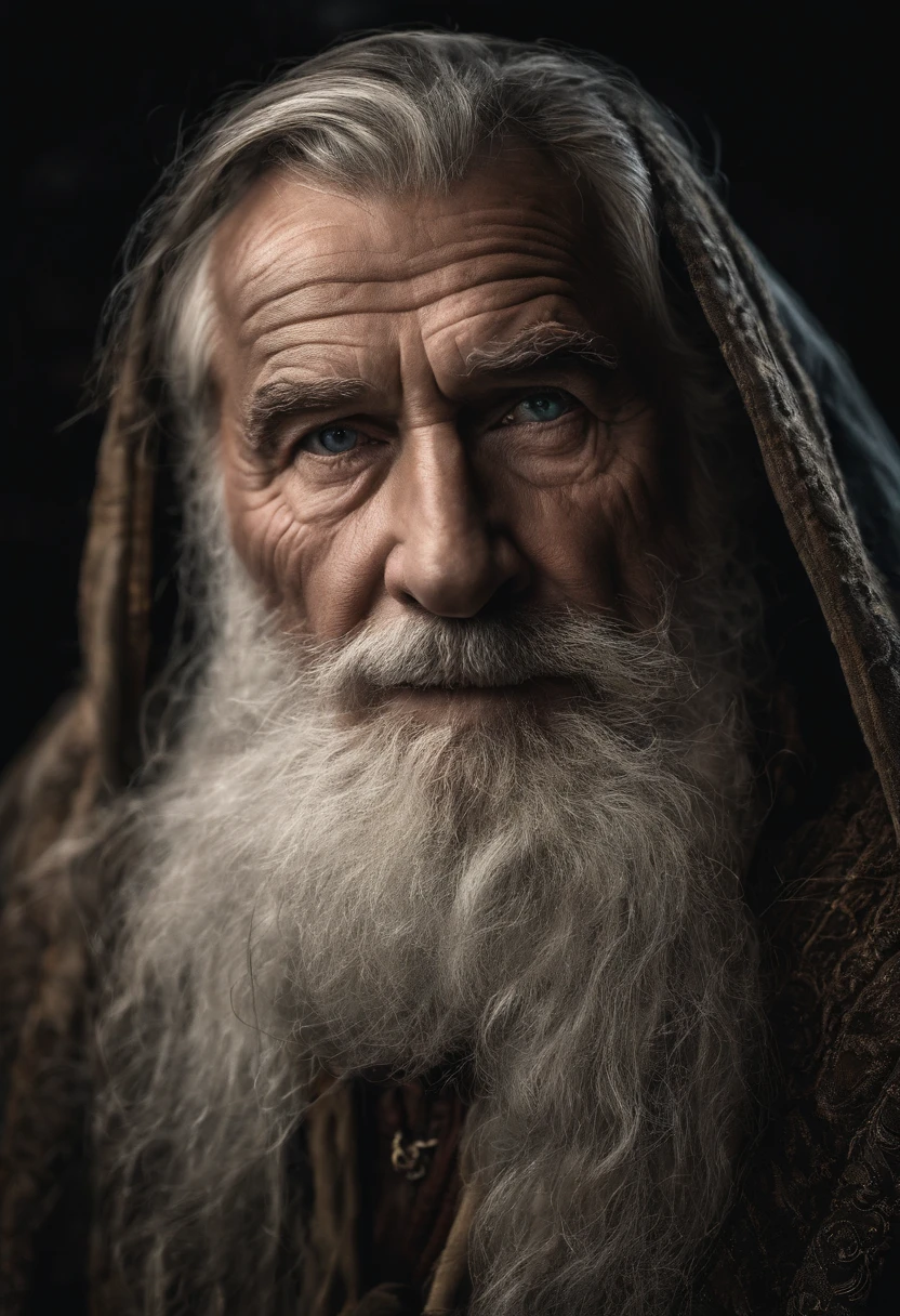A portrait of a wizard, bearded, wrinkled, weathered, with piercing eyes, detailed face, high details, photography, dark studio, rim light, Nikon D850, 50mm, f/1.4