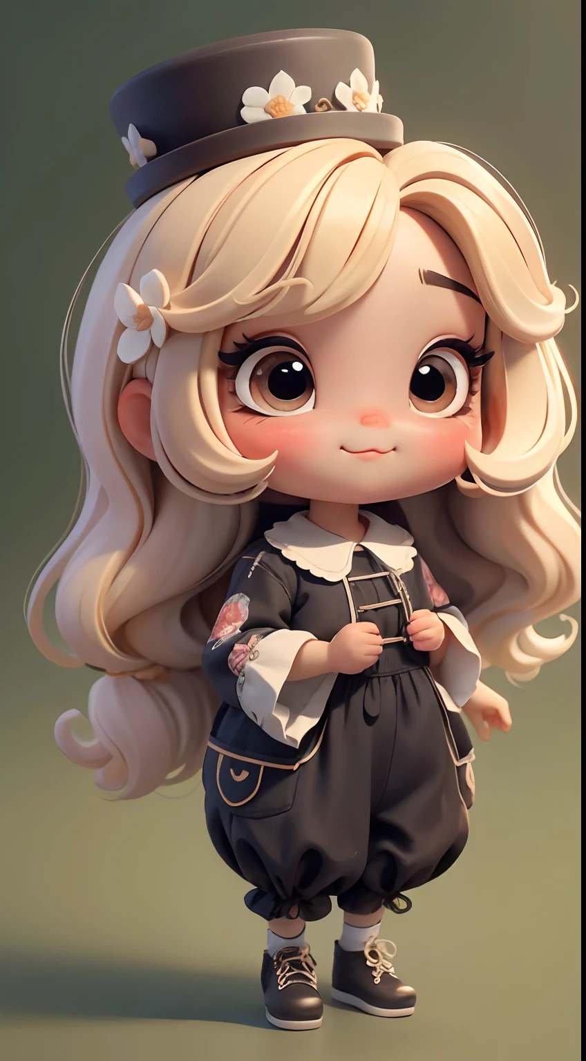 Create a series of cute baby chibi style loli dolls with a cute forest theme, sorridente e fofa, each with lots of detail and in an 8K resolution. All dolls should follow the same solid background pattern and be complete in the image, mostrando o (corpo inteiro, incluindo as pernas: 1.5)

Boneca fada: Chame-a de Bella. Ela deve ter cabelo longo e cacheado em tons castanho e preto. Seus olhos devem ser grandes e brilhantes, with long eyelashes and rosy cheeks. Bella should be dressed in a country-style jumpsuit, delicado, florido e detalhado. She should wear a hat and no accessories on her hands, deixando elas sem nada. Don't forget the details, com detalhes coloridos e enfeites encantadores, sapato bonito

Certifique-se de adicionar sombras, texturas e detalhes nos cabelos, roupas de cada boneca, to make them even more adorable and charming.
